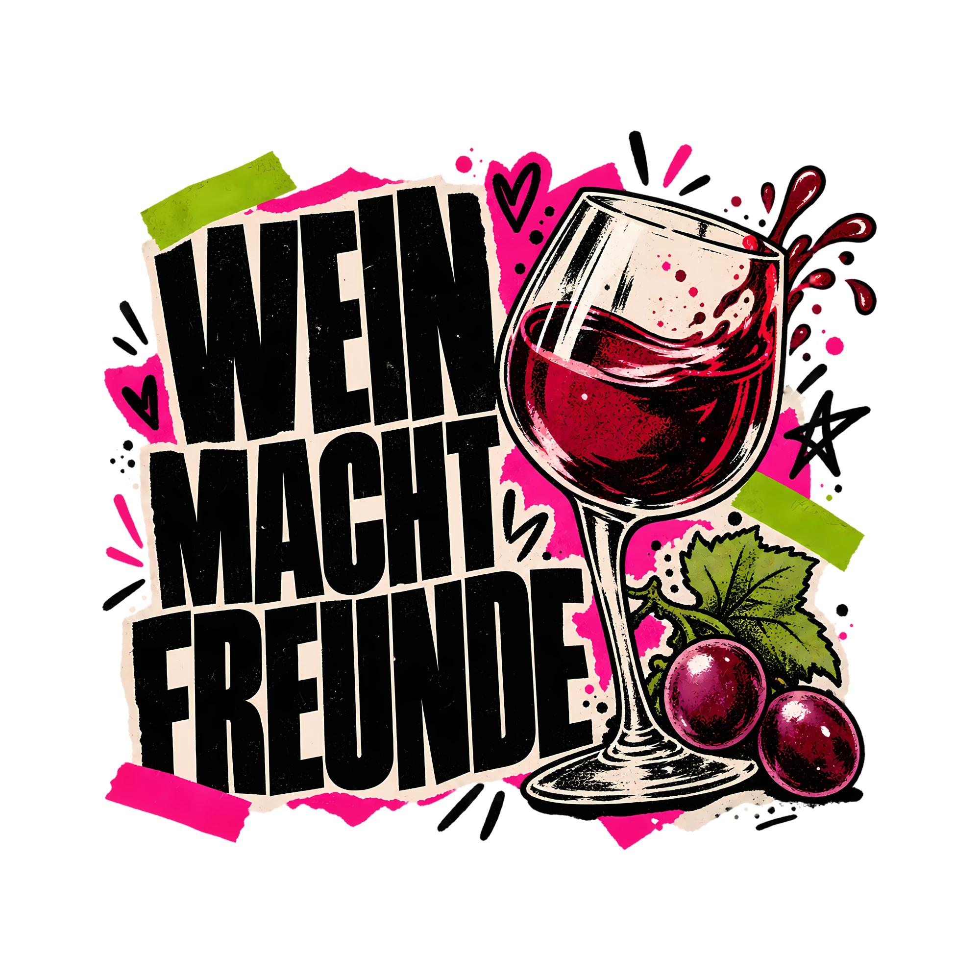 Bügelbild Wein macht Freunde als Grafik auf weißem Hintergrund (BB011878)
