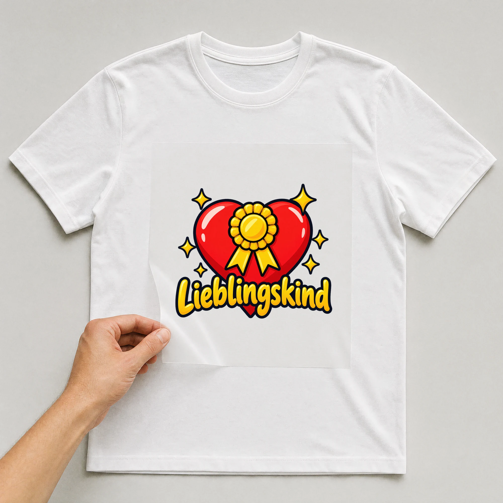 Bügelbild „Lieblingskind“ auf weißem T-Shirt, Folie wird aufgelegt