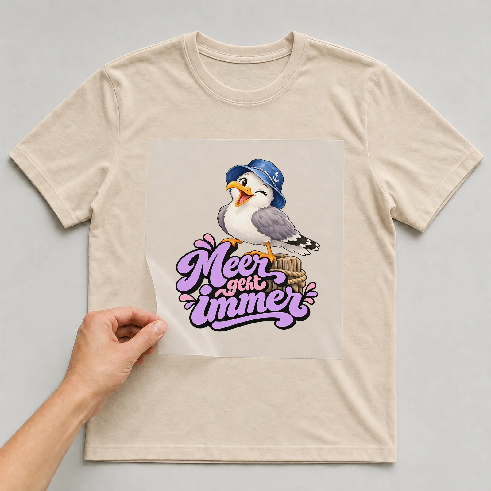 Bügelbild „Meer geht immer“ auf beigem T-Shirt, Folie wird aufgelegt