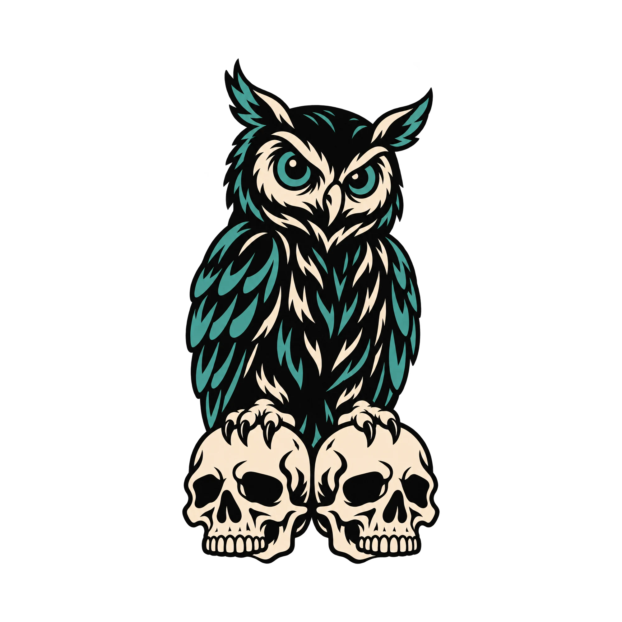 Bügelbild Eulen Totenköpfe Tattoo, Tiere Shirt Motiv als Grafik auf weißem Hintergrund (BB016116)
