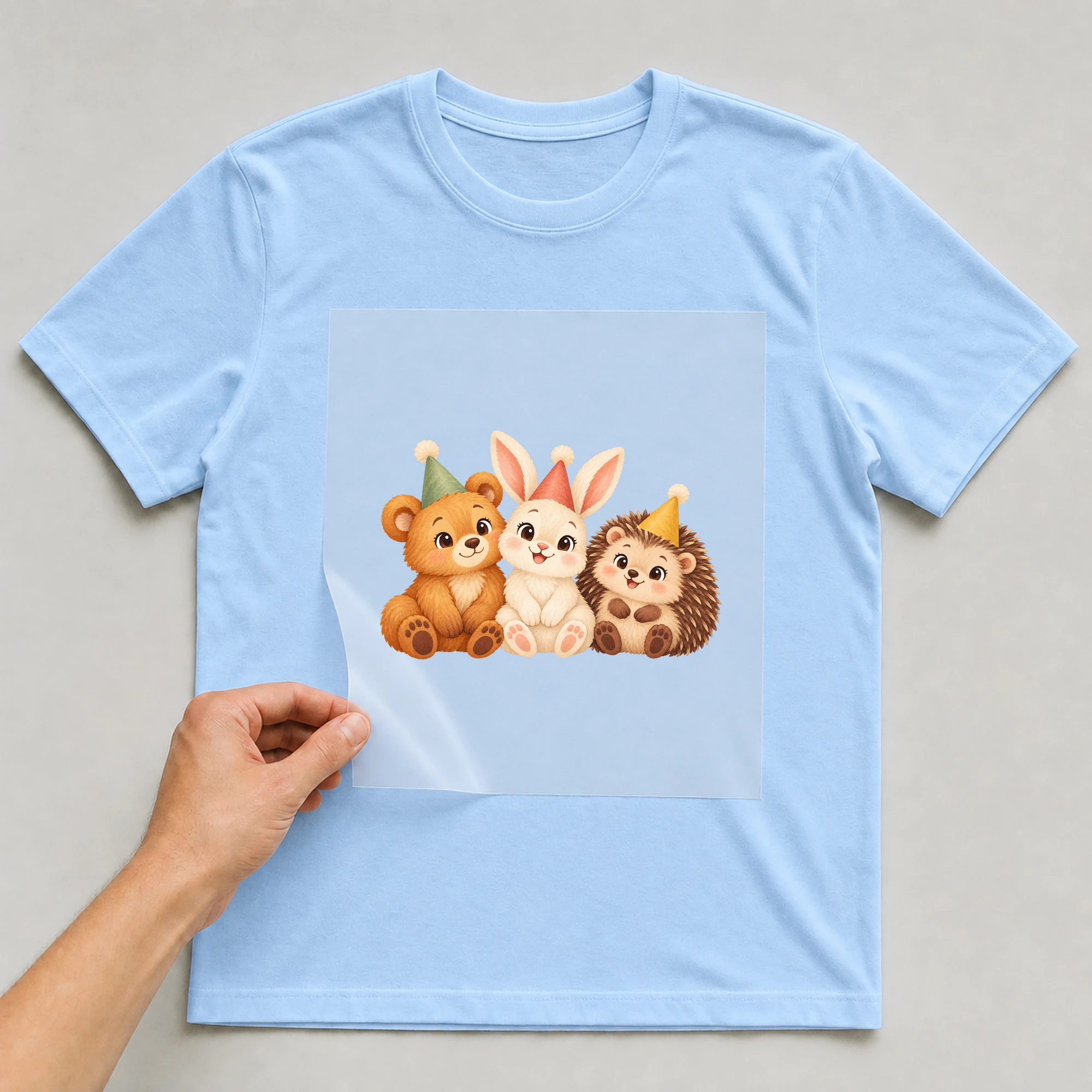 Bügelbild „Baby Tiere Party“ auf babyblauem T-Shirt, Folie wird aufgelegt