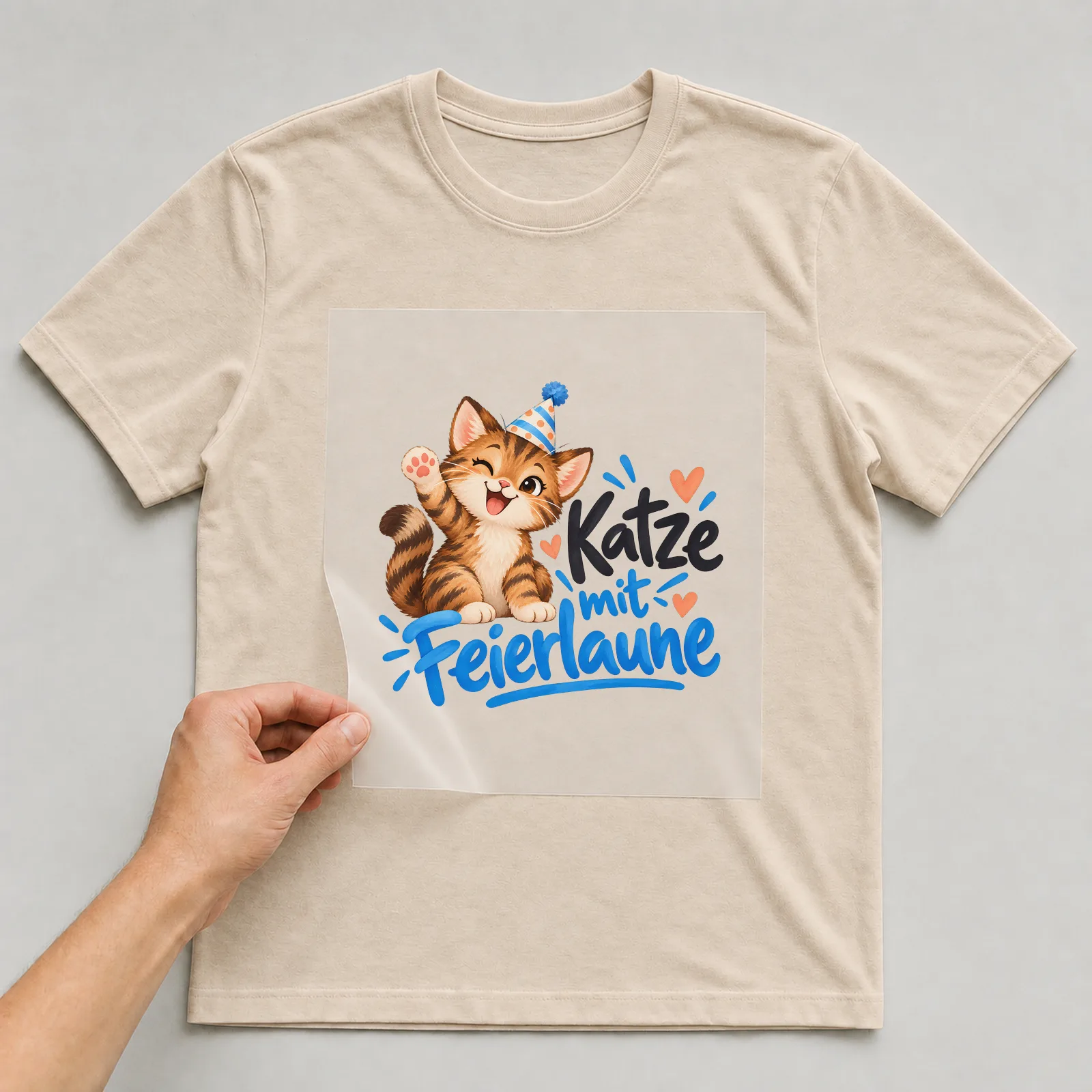 Bügelbild „Katze mit Feierlaune“ auf beigem T-Shirt, Folie wird aufgelegt