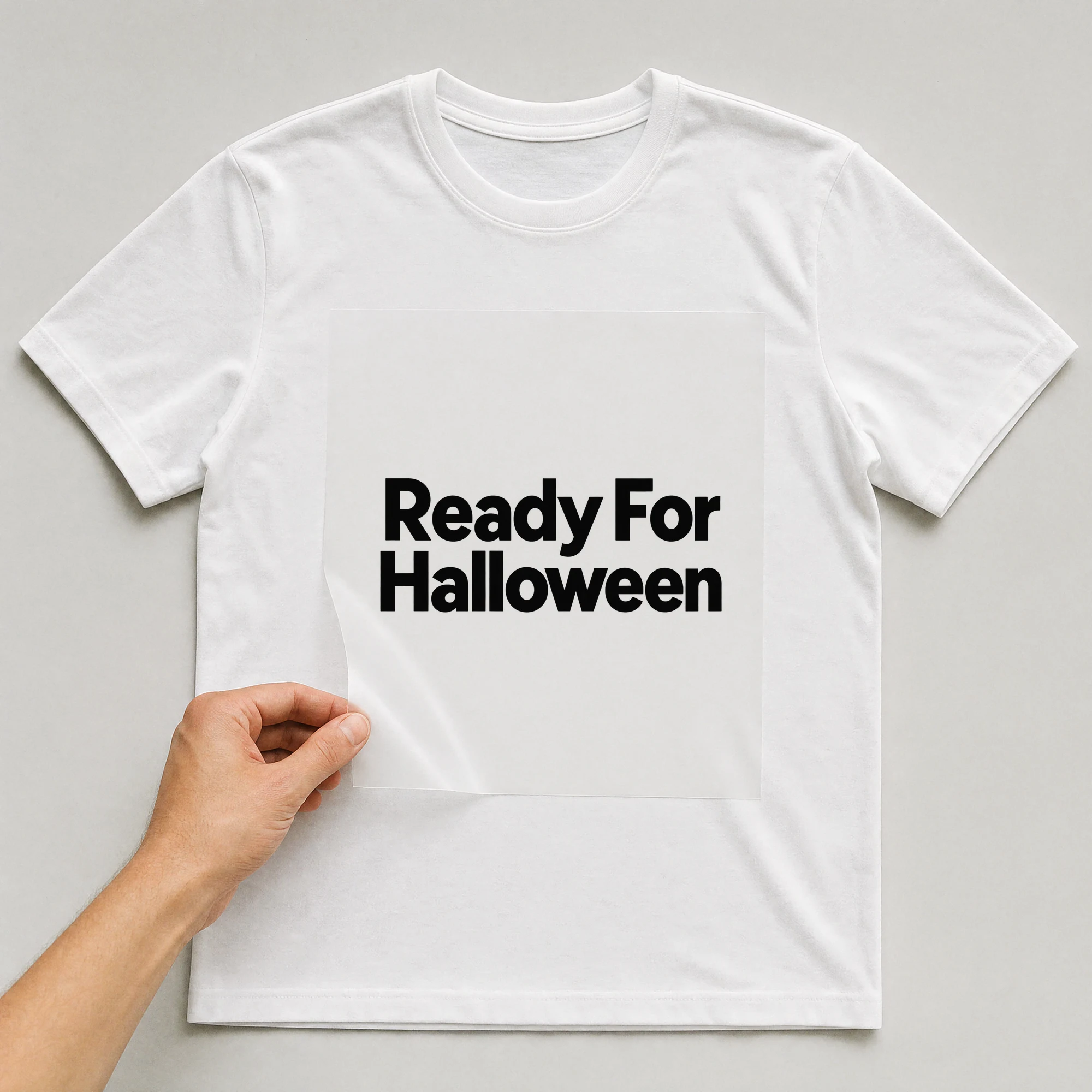 Bügelbild „Ready For Halloween“ auf weißem T-Shirt, Folie wird aufgelegt