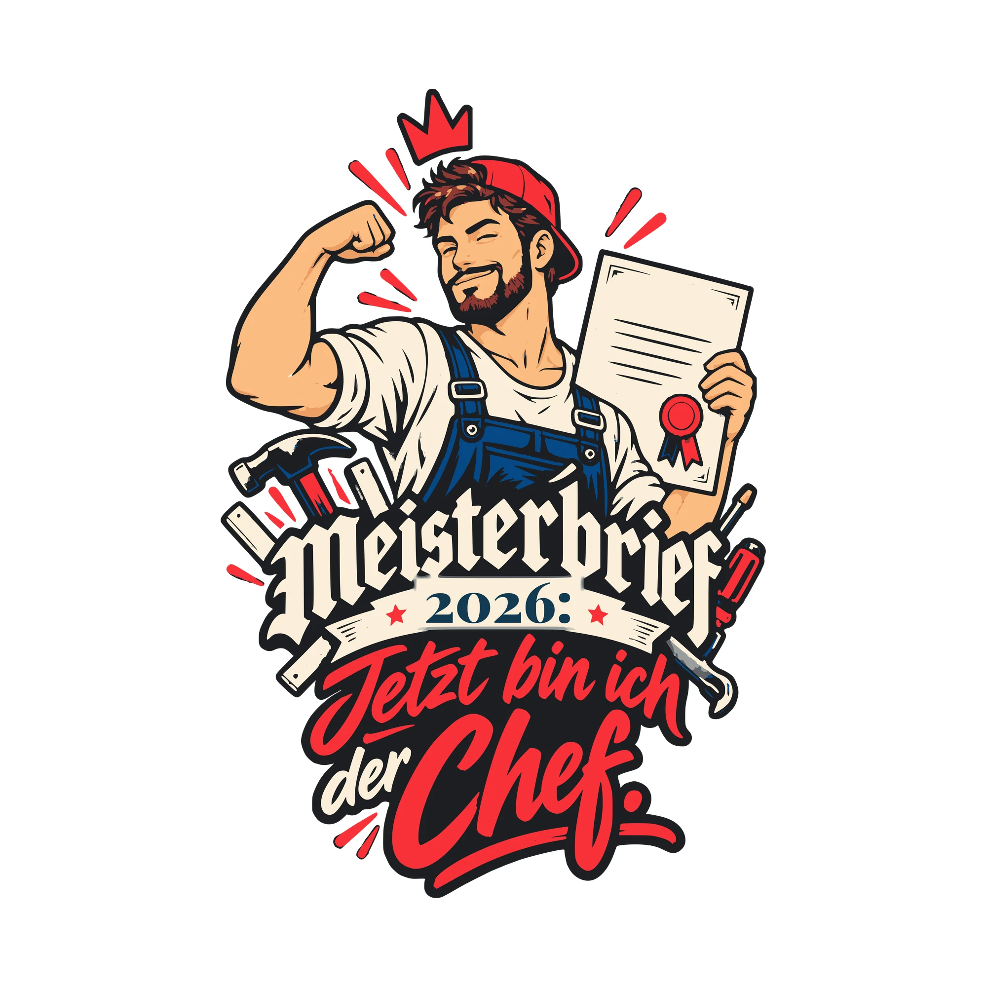 Bügelbild Meisterbrief: Jetzt bin ich der Chef mit Jahr als Grafik auf weißem Hintergrund (BB011245)