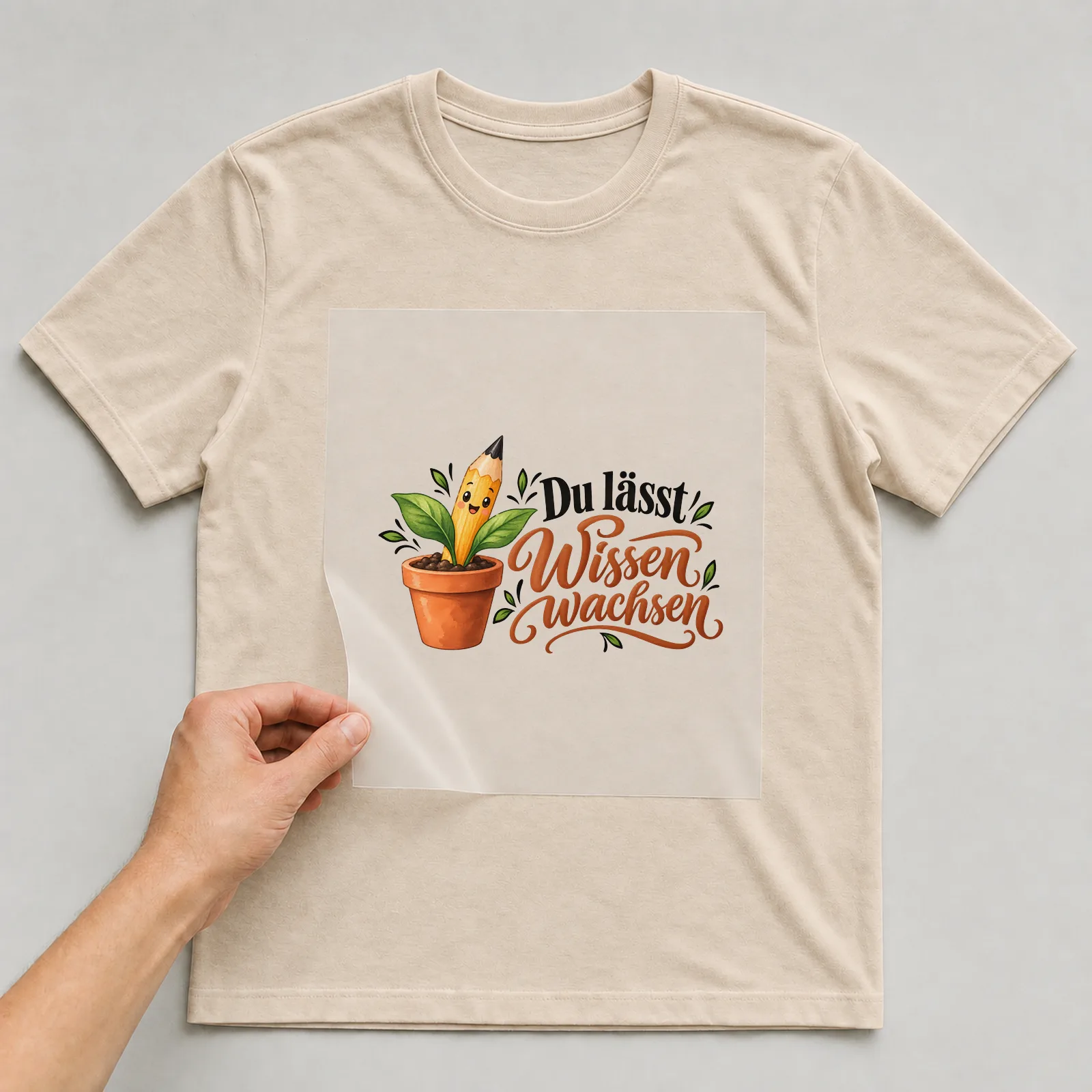 Bügelbild „Du lässt Wissen wachsen“ auf beigem T-Shirt, Folie wird aufgelegt