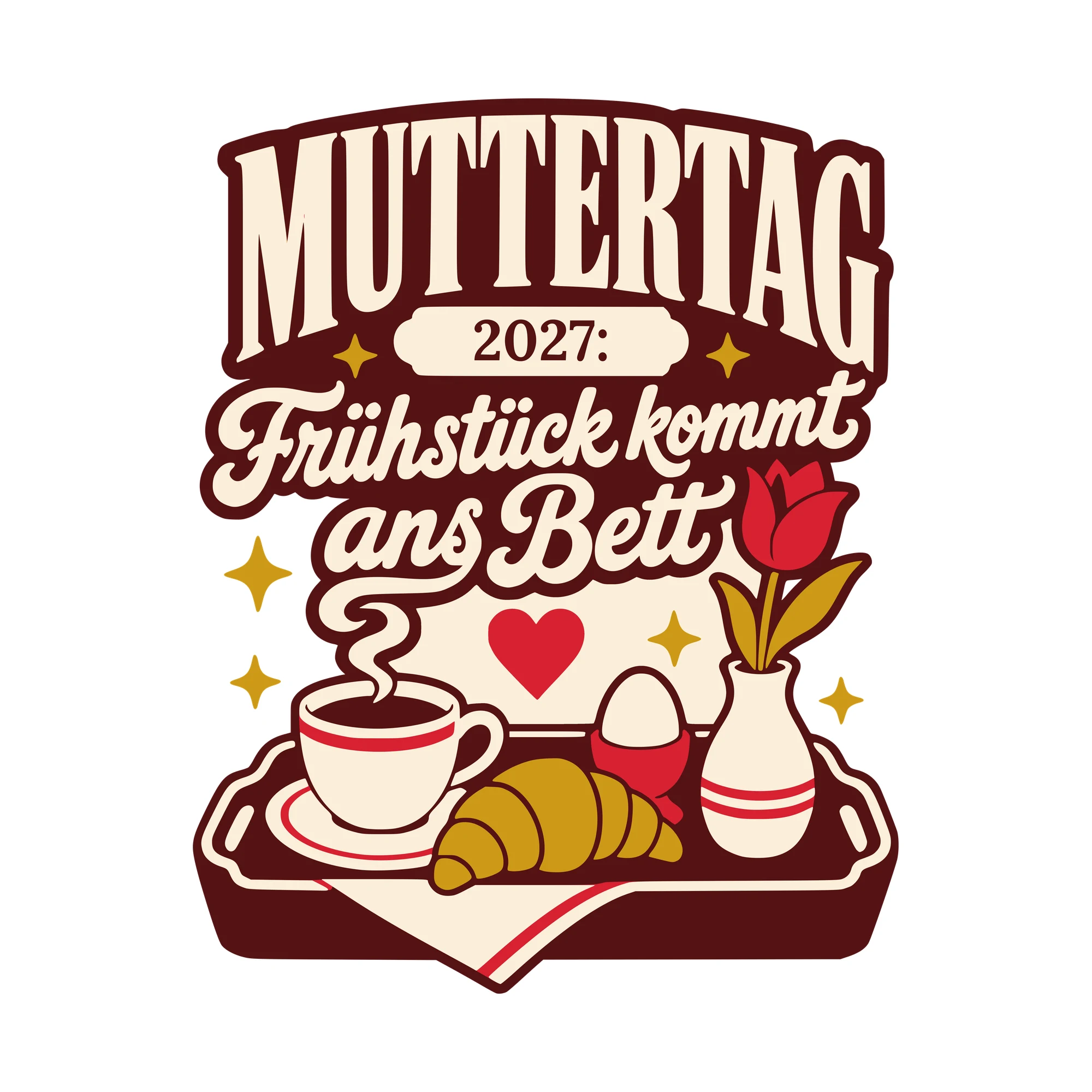 Bügelbild Muttertag: Frühstück kommt ans Bett mit Jahr als Grafik auf weißem Hintergrund (BB010576)