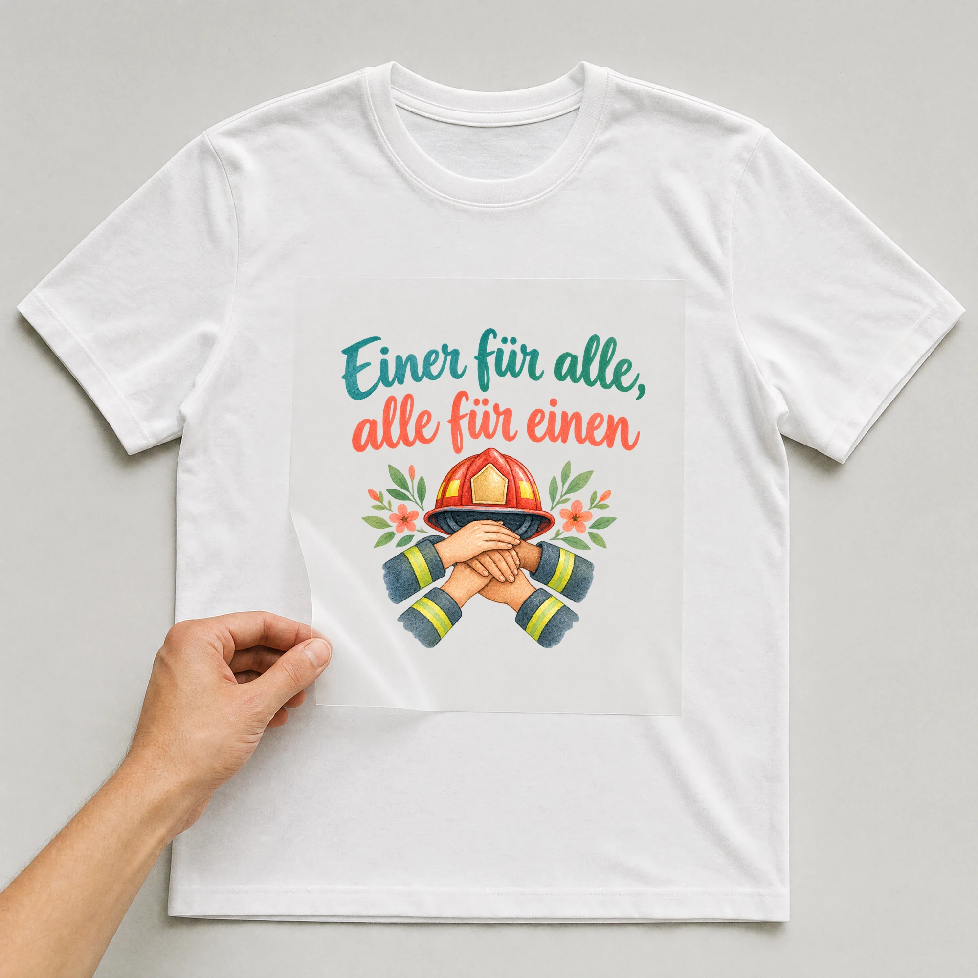 Bügelbild „Einer für alle, alle für einen“ auf weißem T-Shirt, Folie wird aufgelegt