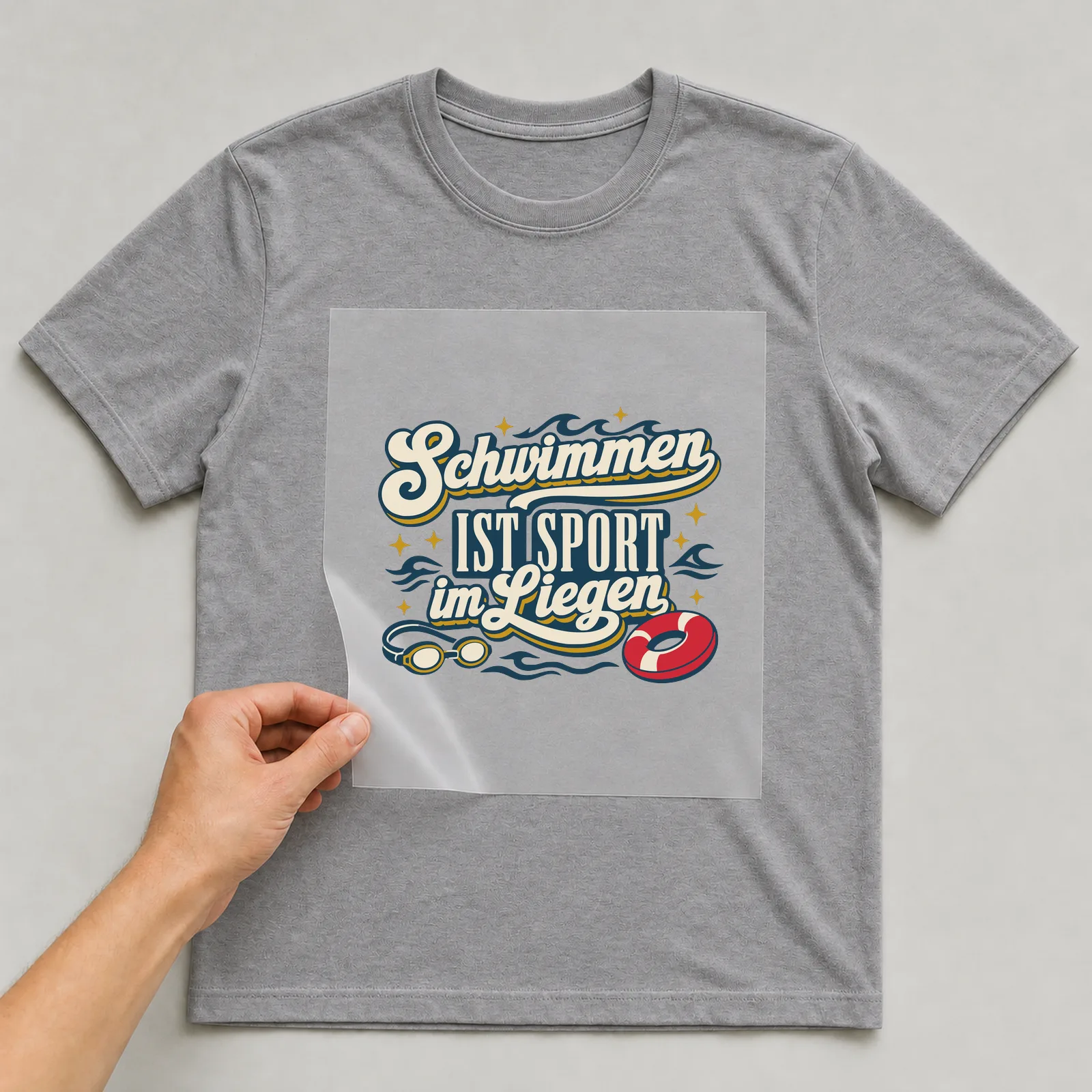 Bügelbild Schwimmen ist Sport im Liegen auf grauem T-Shirt, Folie wird aufgelegt