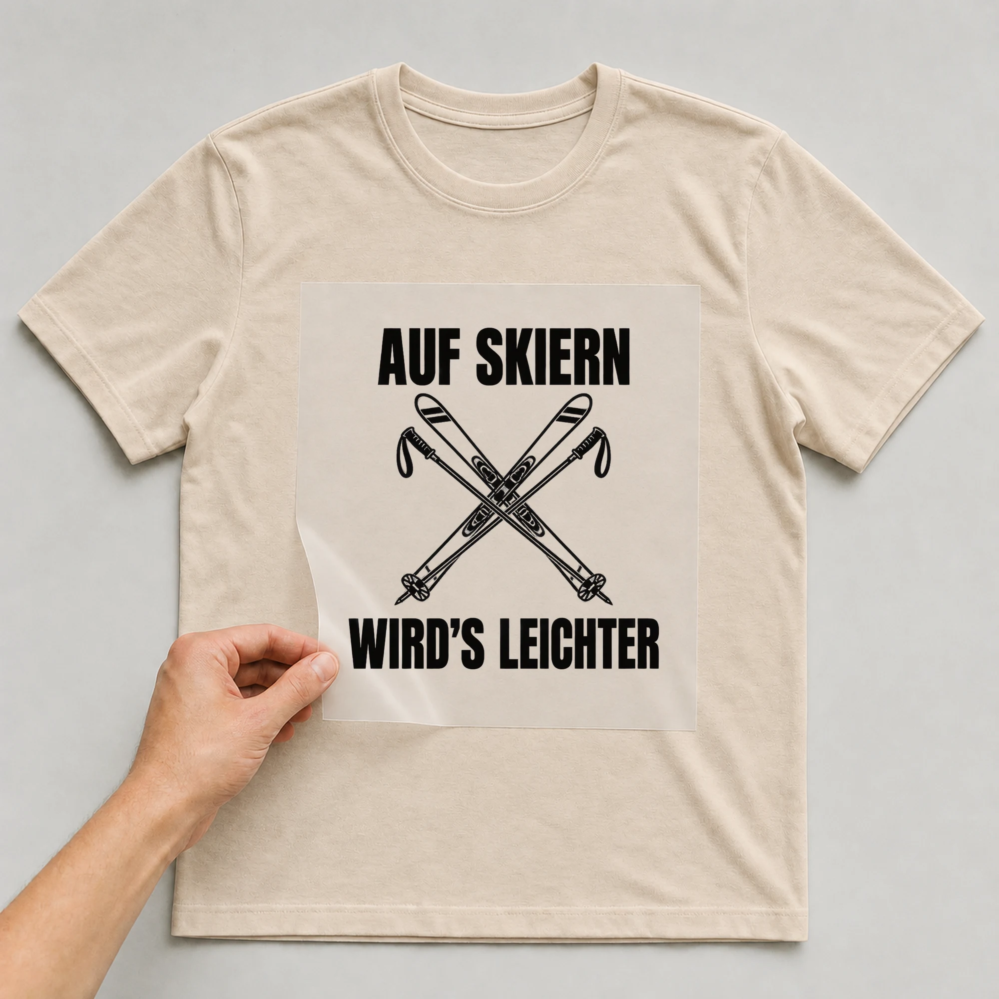 Bügelbild „Auf Skiern wird’s leichter“ auf beigem T-Shirt, Folie wird aufgelegt
