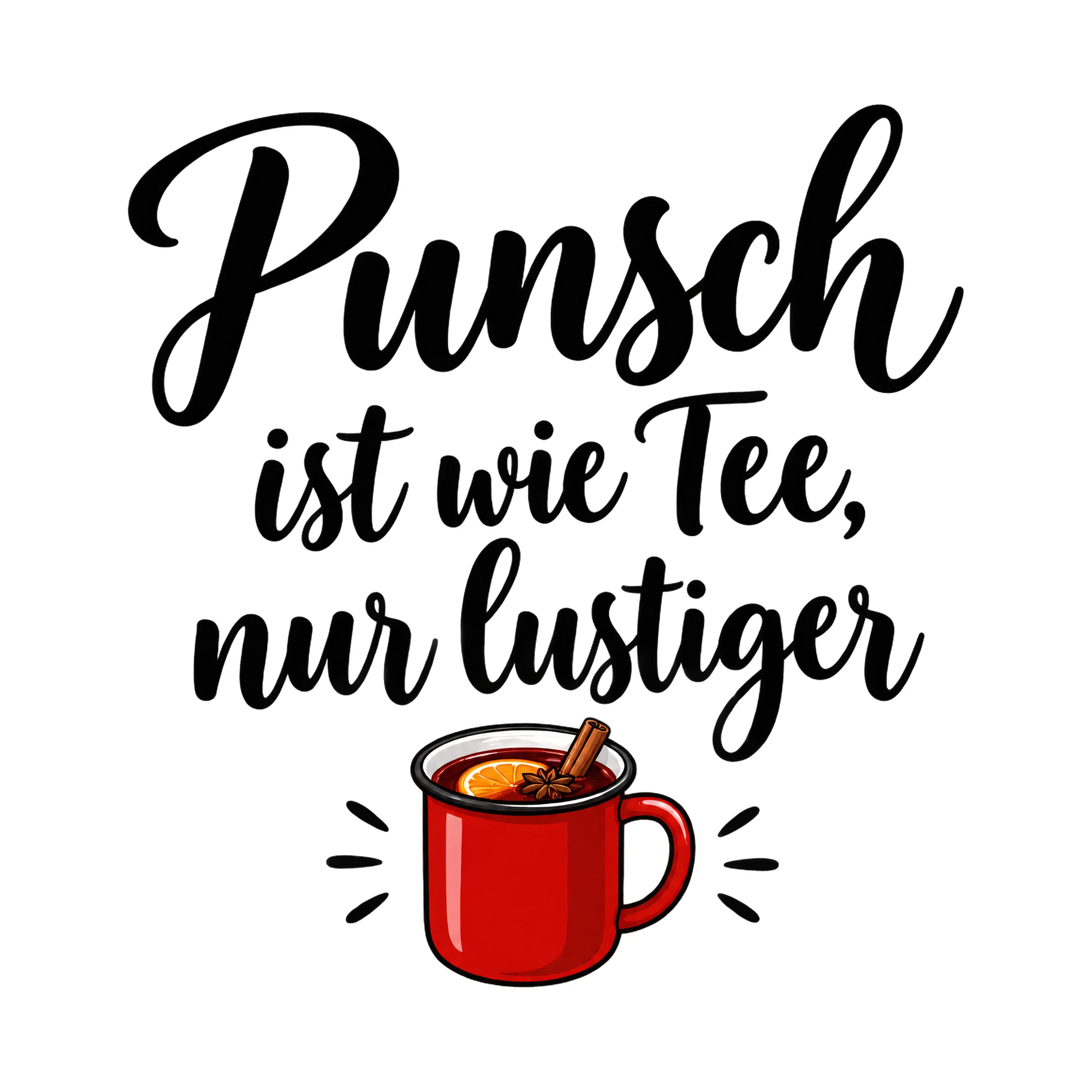 Bügelbild Punsch ist wie Tee, nur lustiger, Küchen Spruch Bügelbild als Grafik auf weißem Hintergrund (BB017064)