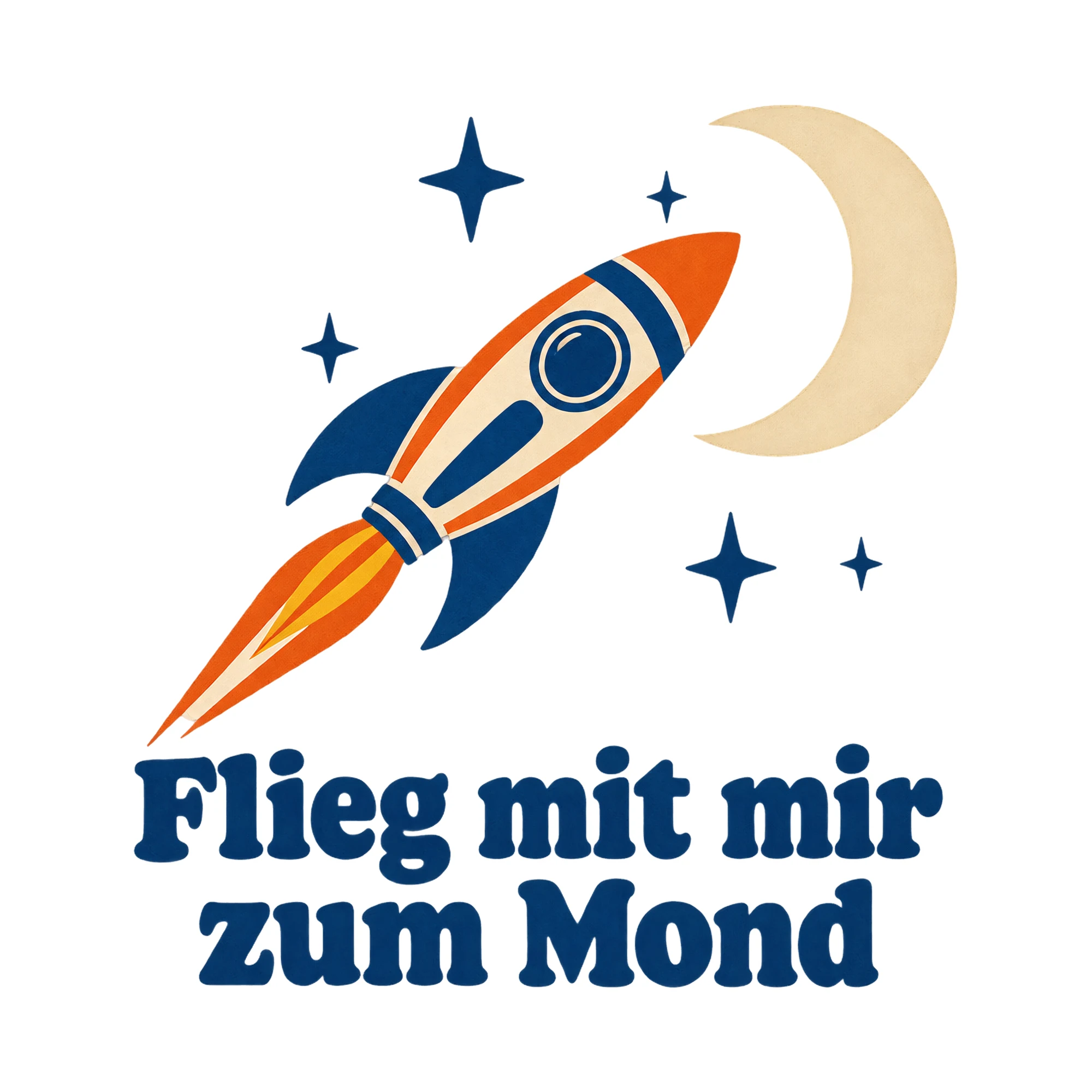 Bügelbild Rakete und Mond mit Schrift, Lustiger Shirt Spruch als Grafik auf weißem Hintergrund (BB017145)