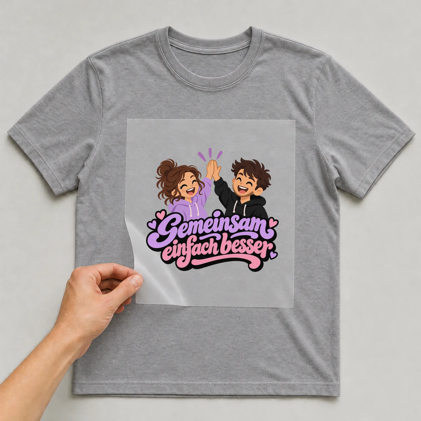 Bügelbild „Gemeinsam einfach besser“ auf grauem T-Shirt, Folie wird aufgelegt