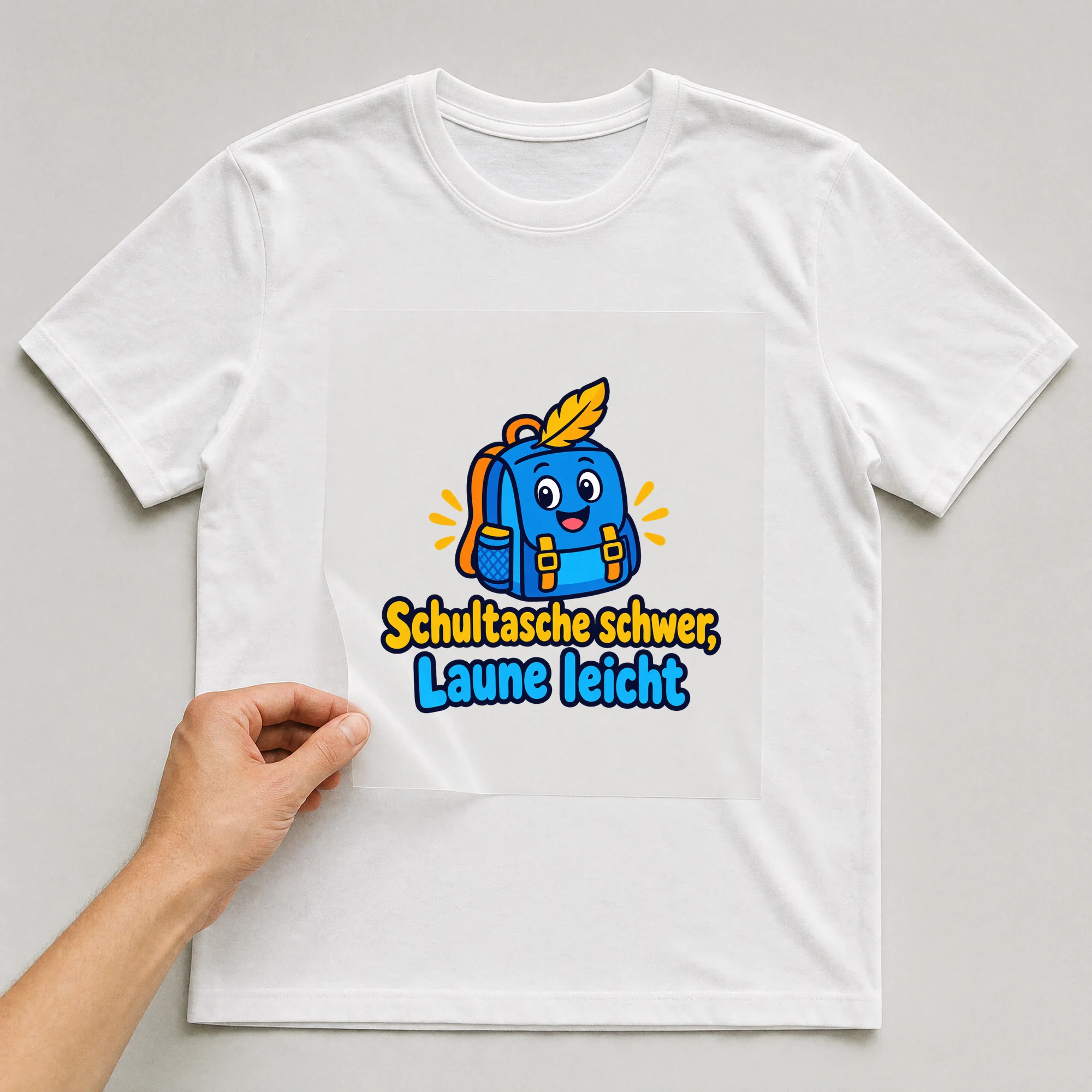 Bügelbild „Schultasche schwer, Laune leicht“ auf weißem T-Shirt, Folie wird aufgelegt