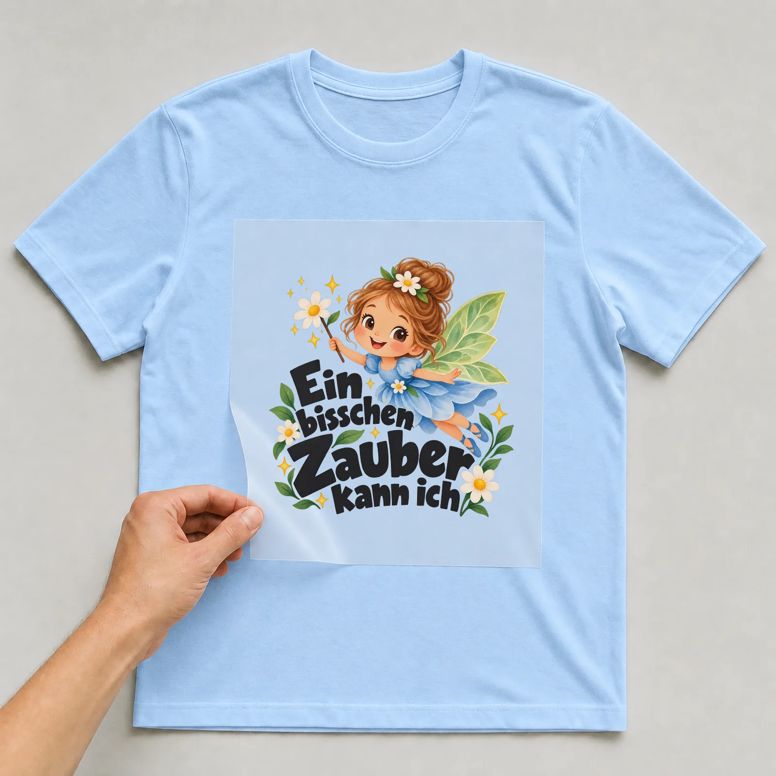 Bügelbild „Ein bisschen Zauber kann ich“ auf hellblauem T-Shirt, Folie wird aufgelegt