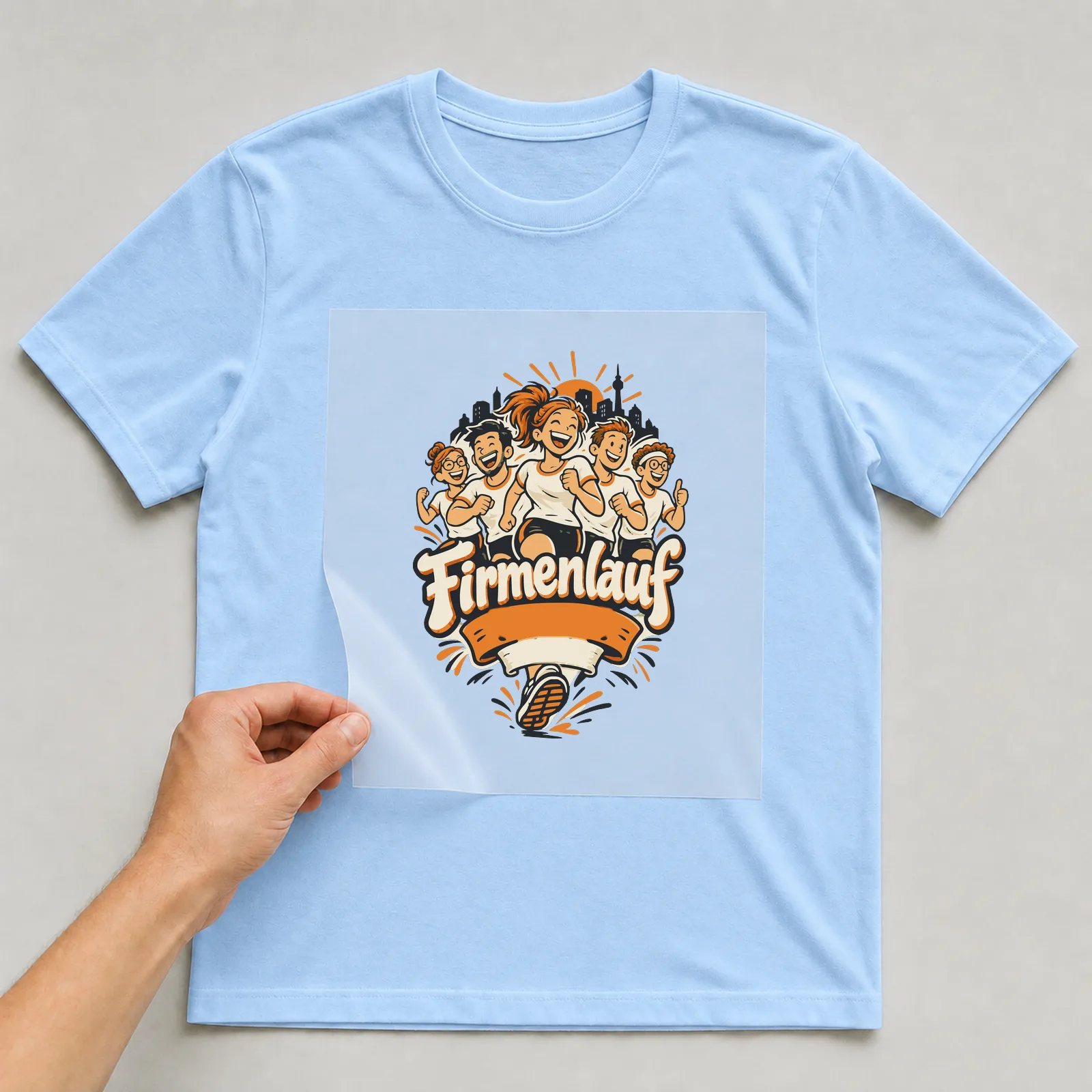 Bügelbild Firmenlauf mit Firma und Jahr auf hellblauem T-Shirt, Folie wird aufgelegt