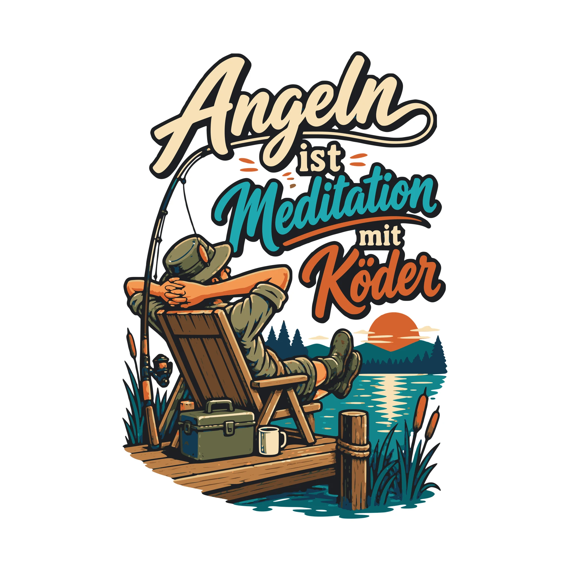 Bügelbild Angeln ist Meditation mit Köder als Grafik auf weißem Hintergrund (BB011066)