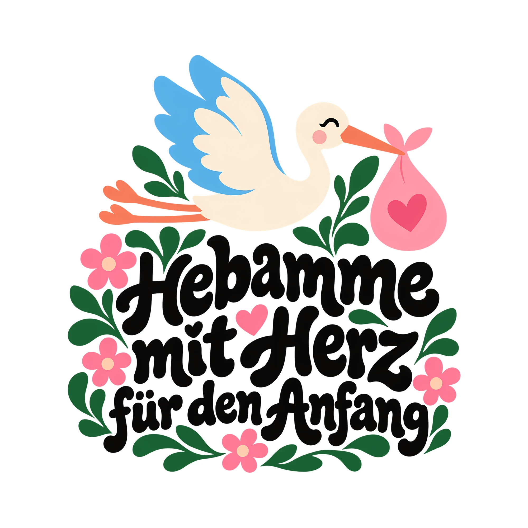 Bügelbild Hebamme mit Herz für den Anfang als Grafik auf weißem Hintergrund (BB011669)