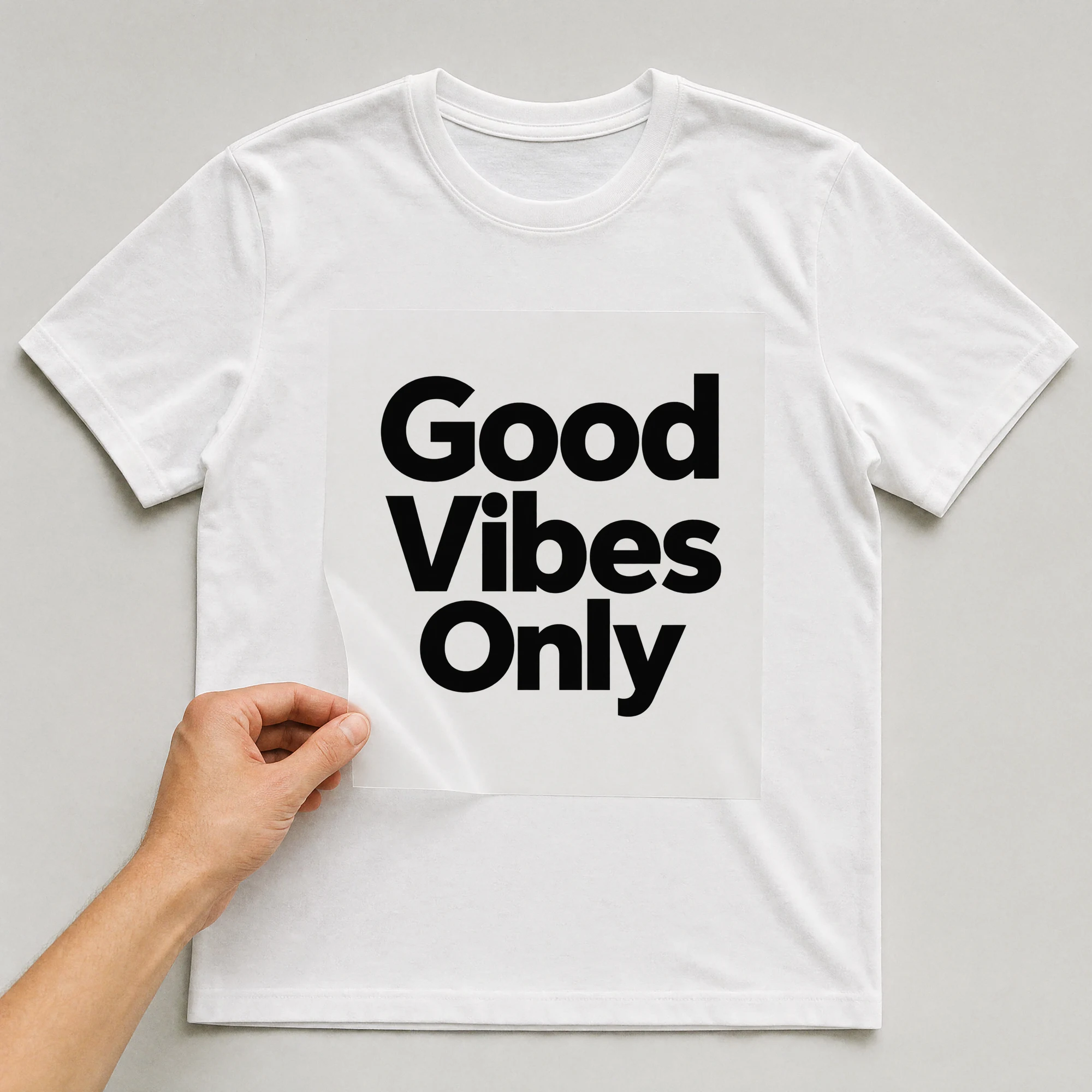Bügelbild „Good Vibes Only“ auf weißem T-Shirt, Folie wird aufgelegt