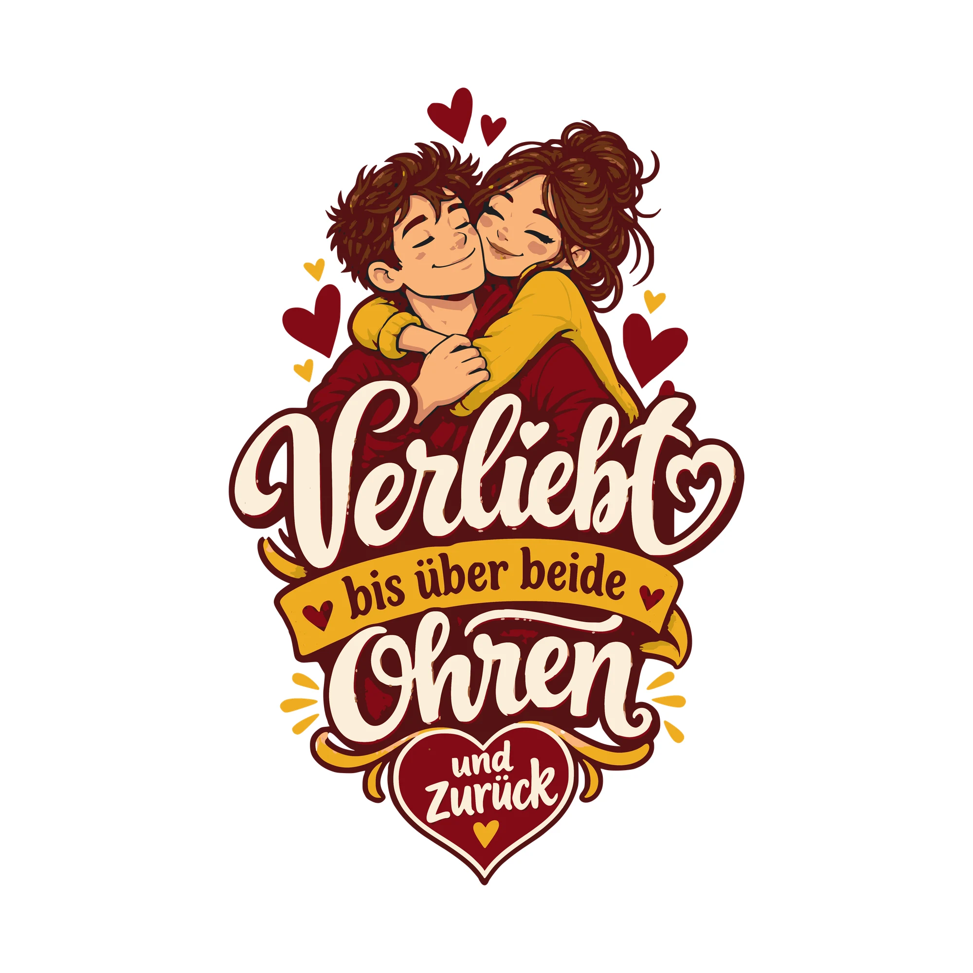 Bügelbild Verliebt bis über beide Ohren und zurück als Grafik auf weißem Hintergrund (BB011308)