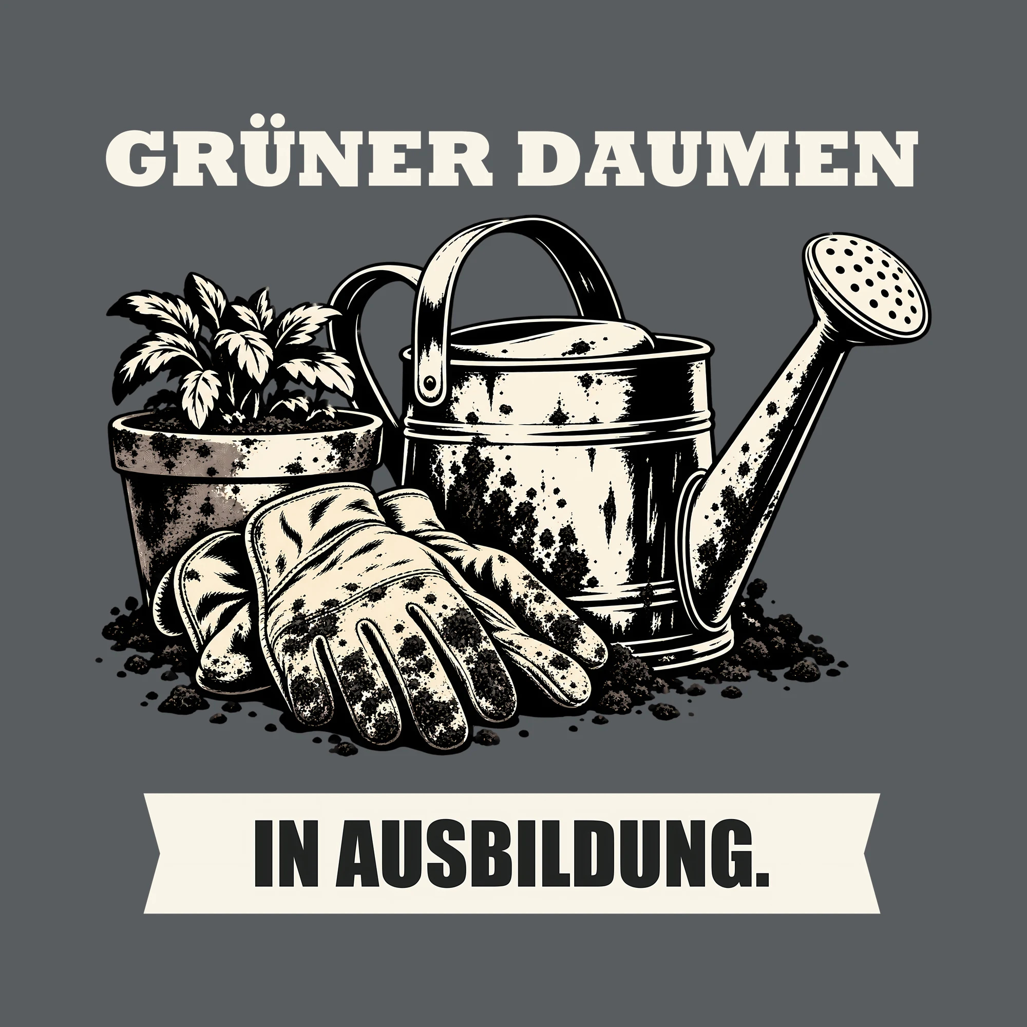 Bügelbild GRÜNER DAUMEN IN AUSBILDUNG. als Grafik auf dunklem Hintergrund (BB011425)
