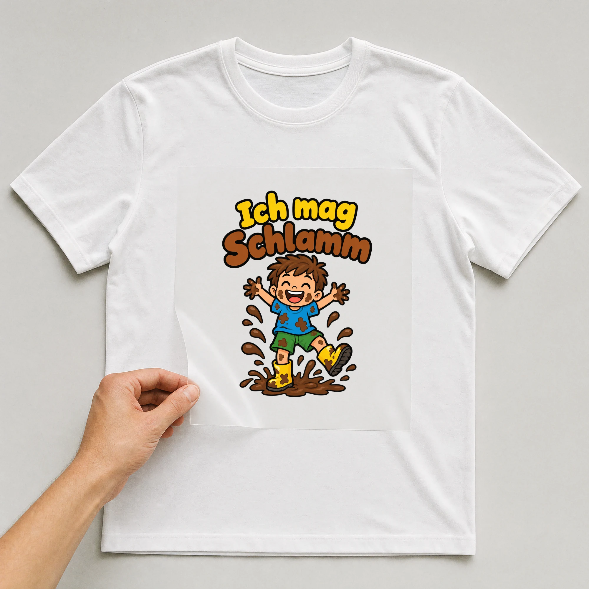 Bügelbild „Ich mag Schlamm“ auf weißem T-Shirt, Folie wird aufgelegt
