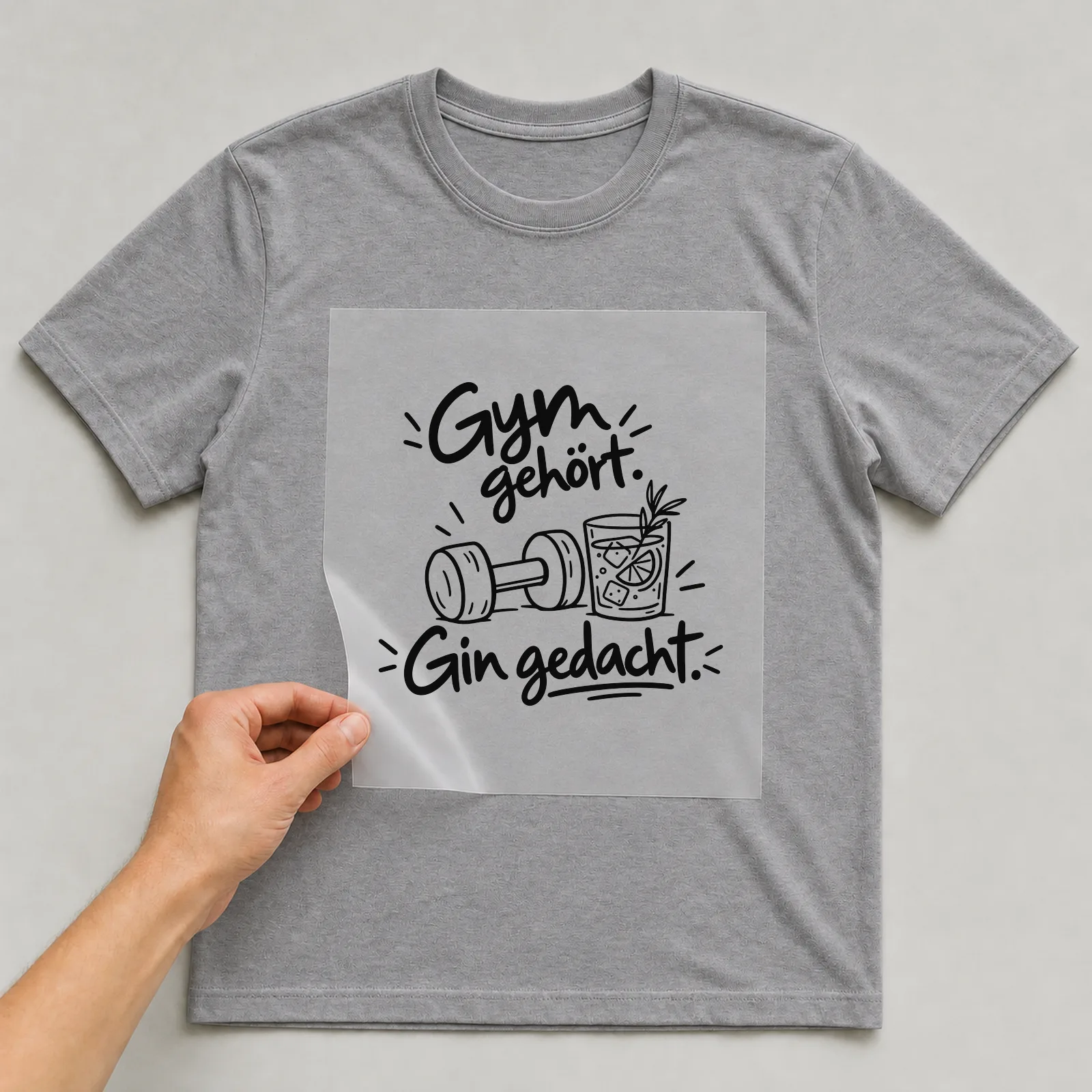 Bügelbild „Gym gehört. Gin gedacht.“ auf grauem T-Shirt, Folie wird aufgelegt