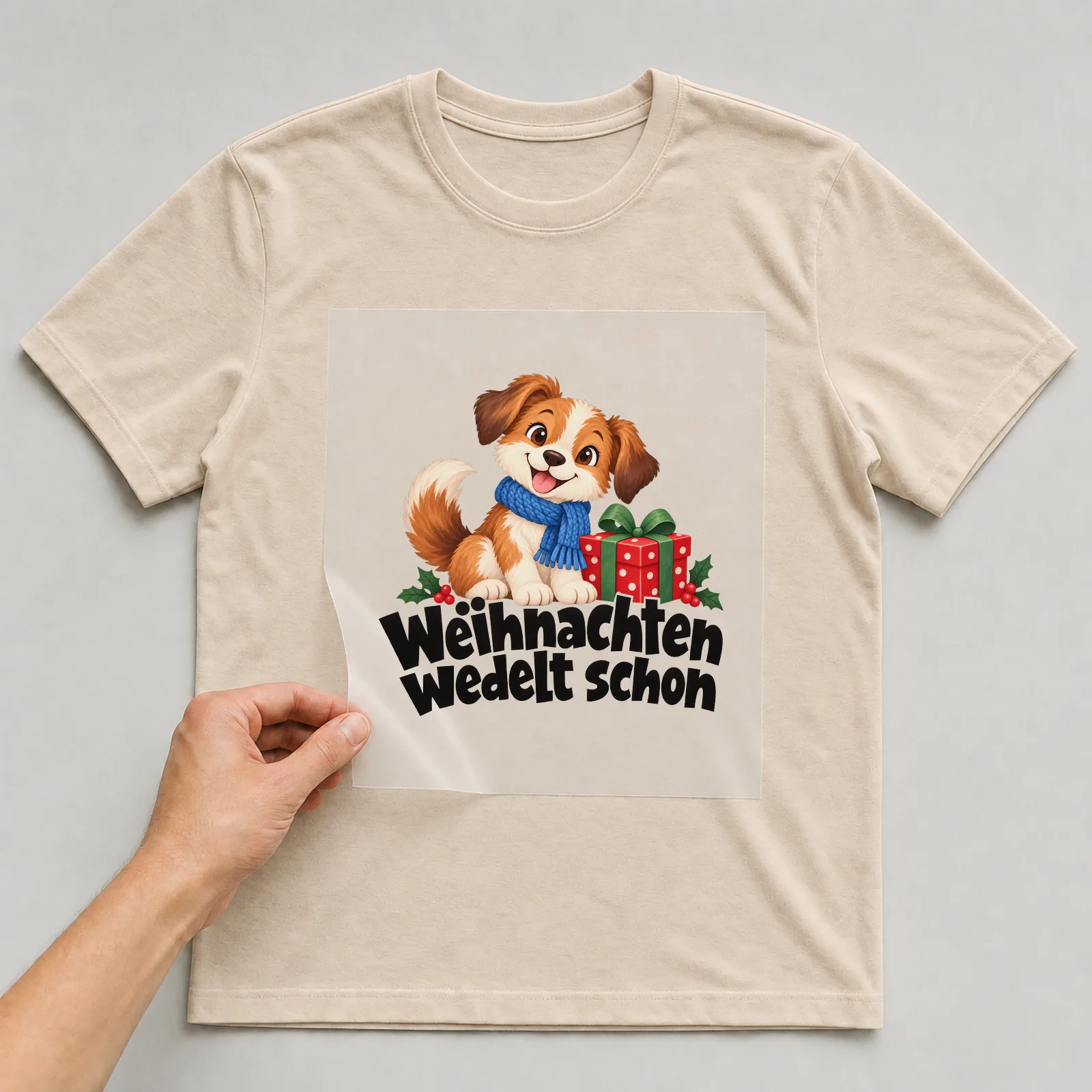 Bügelbild „Weihnachten wedelt schon“ auf beigem T-Shirt, Folie wird aufgelegt