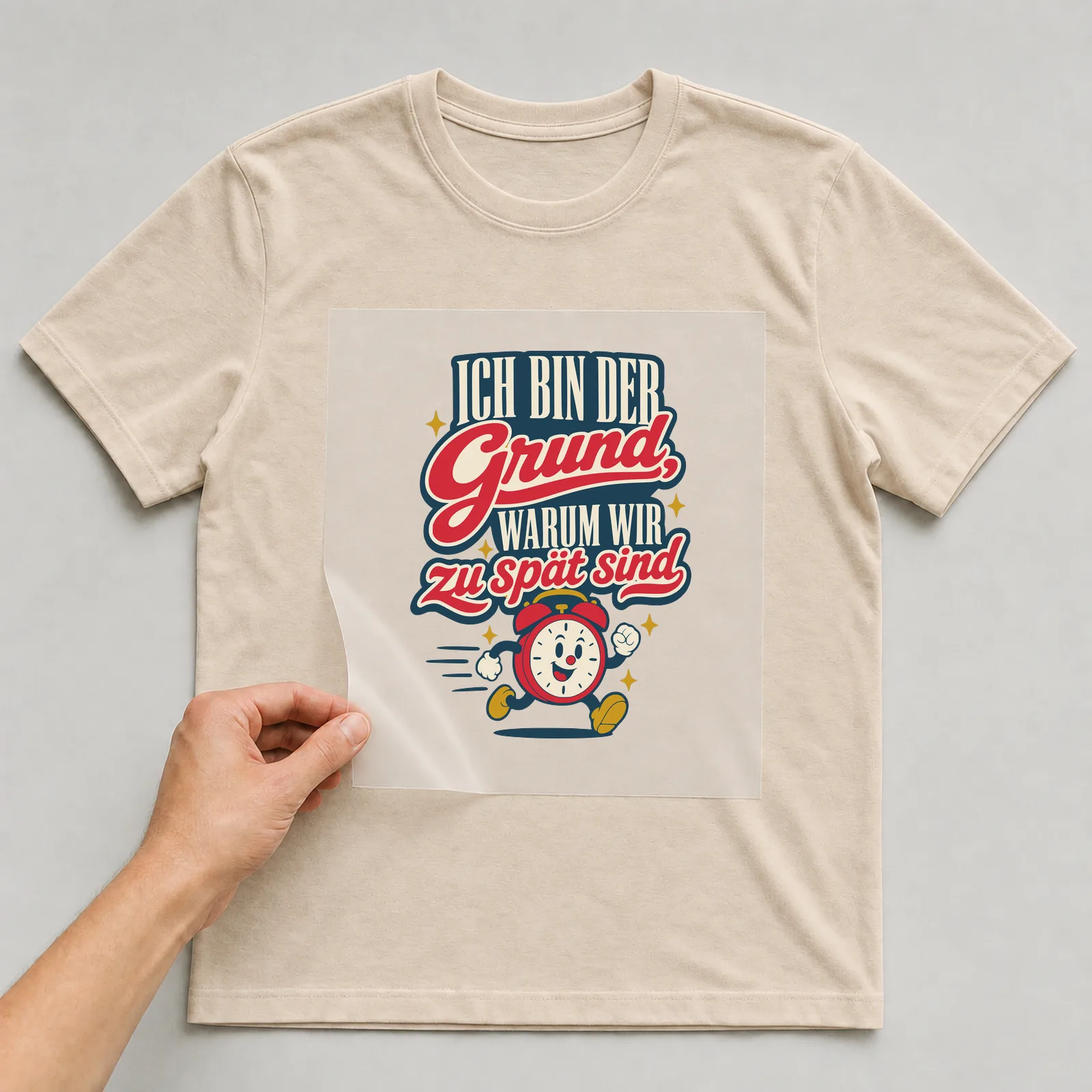 Bügelbild Ich bin der Grund, warum wir zu spät sind auf beigem T-Shirt, Folie wird aufgelegt