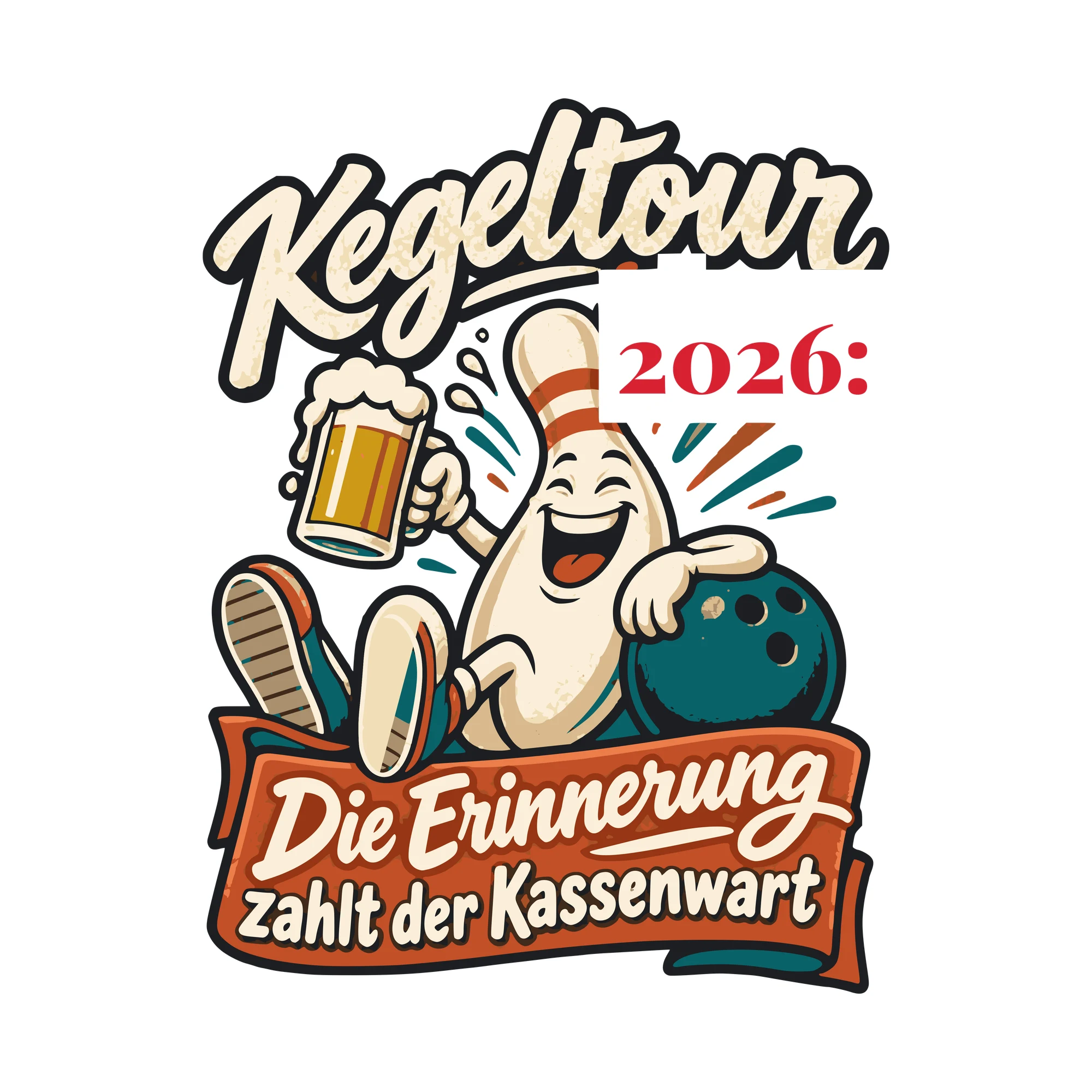 Bügelbild Kegeltour: Die Erinnerung zahlt der Kassenwart mit Jahr als Grafik auf weißem Hintergrund (BB011104)