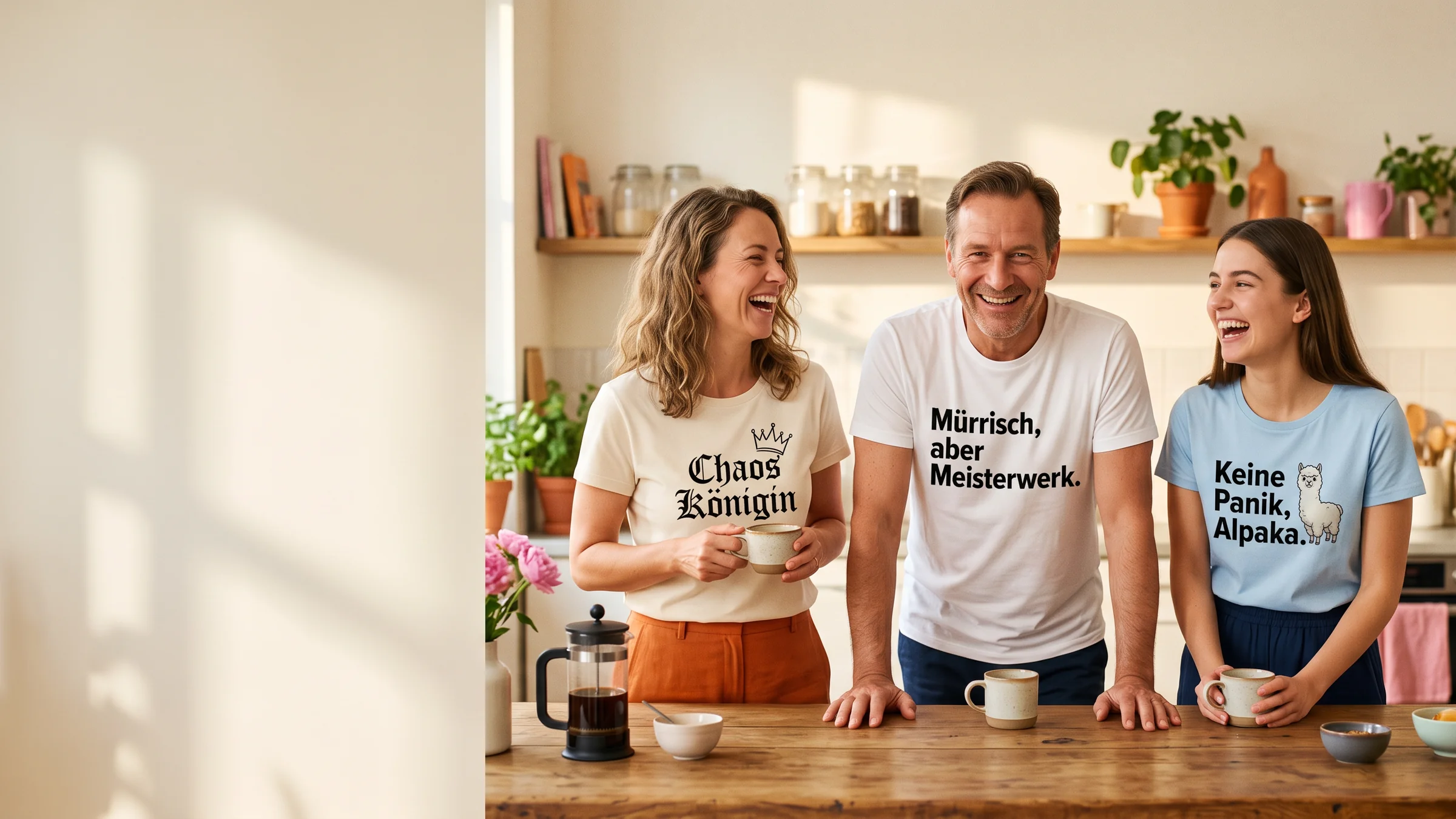 Drei Menschen lachen in einer Küche und tragen Shirts mit lustigen Sprüchen von Bügelfuchs