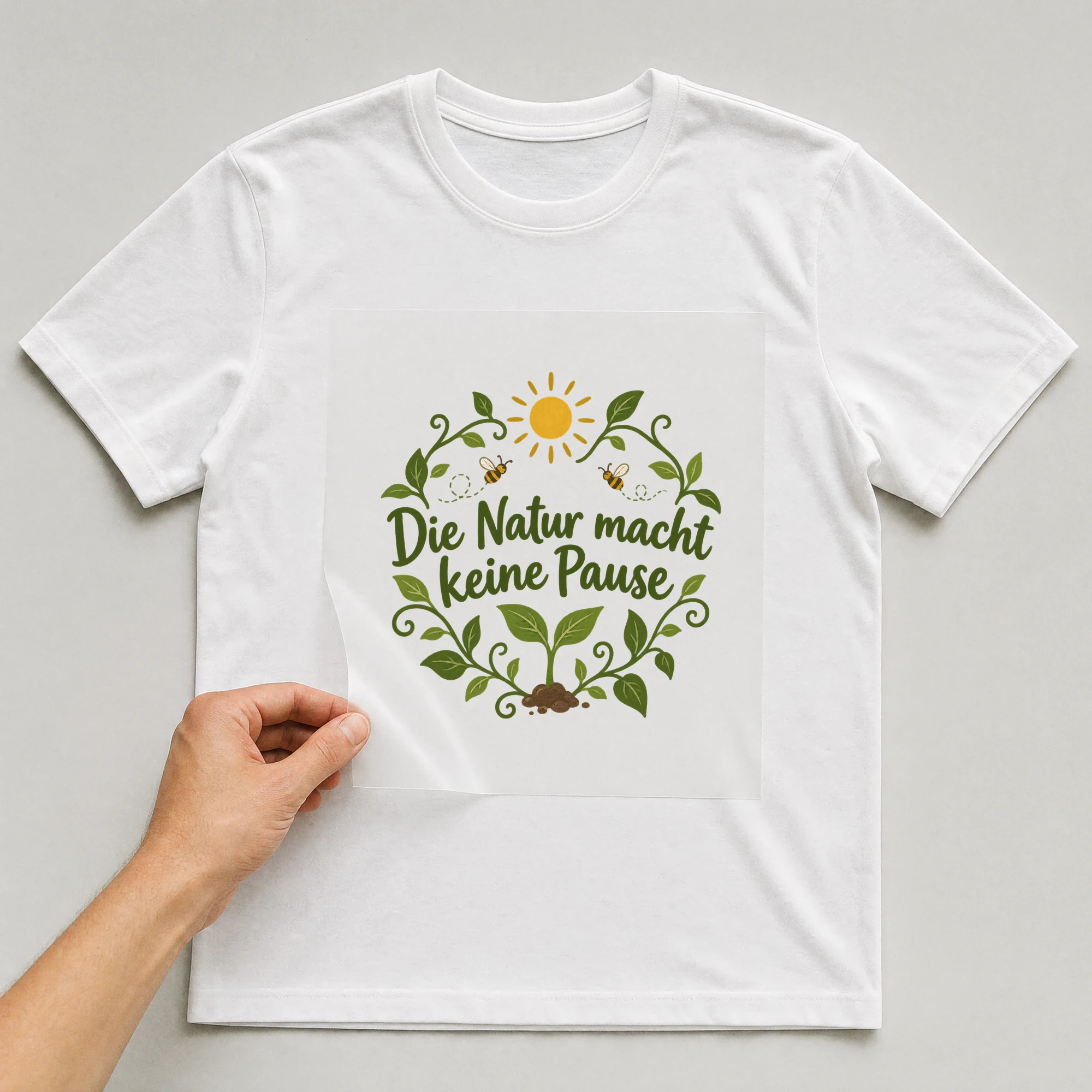 Bügelbild „Die Natur macht keine Pause“ auf weißem T-Shirt, Folie wird aufgelegt