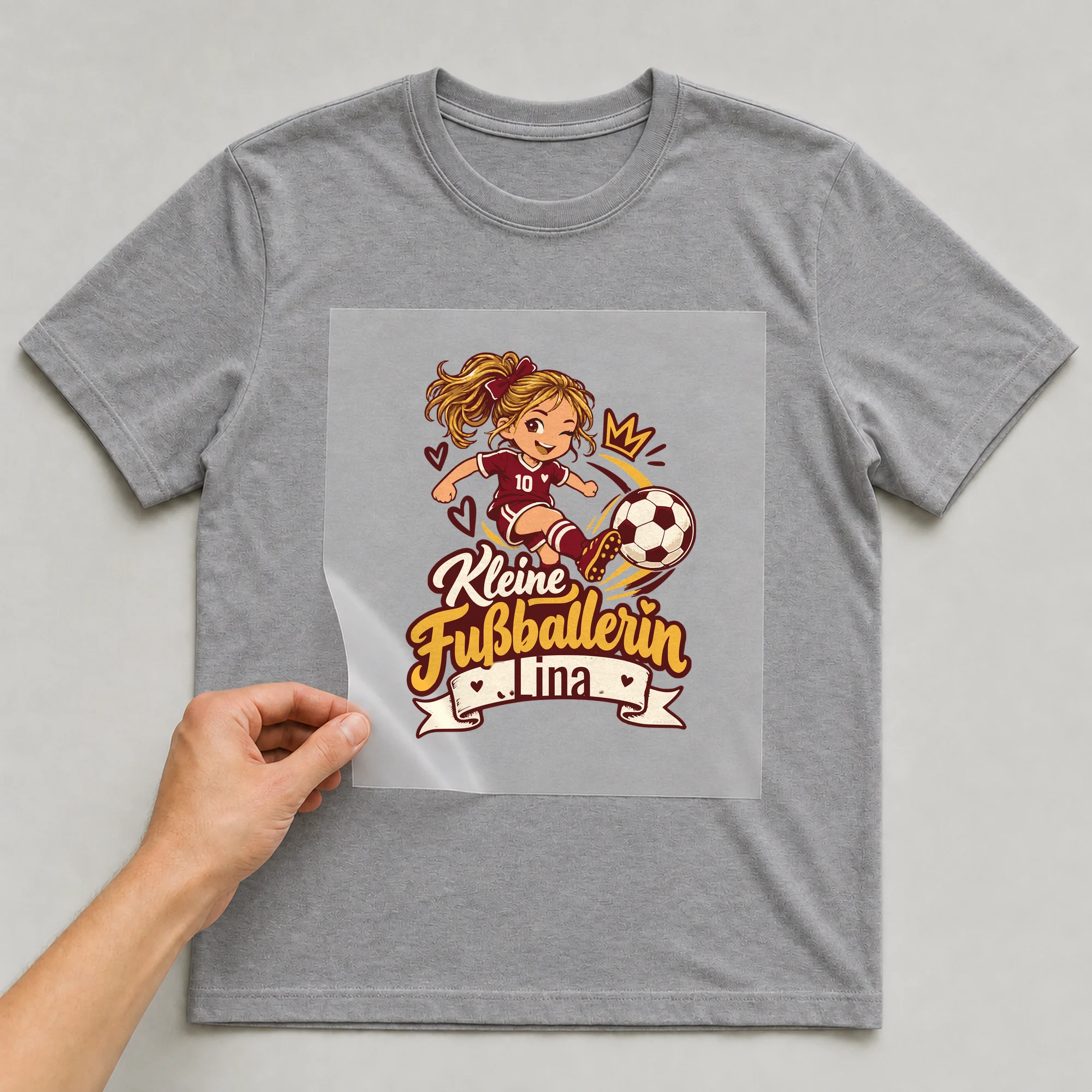 Bügelbild Kleine Fußballerin mit Name auf grauem T-Shirt, Folie wird aufgelegt