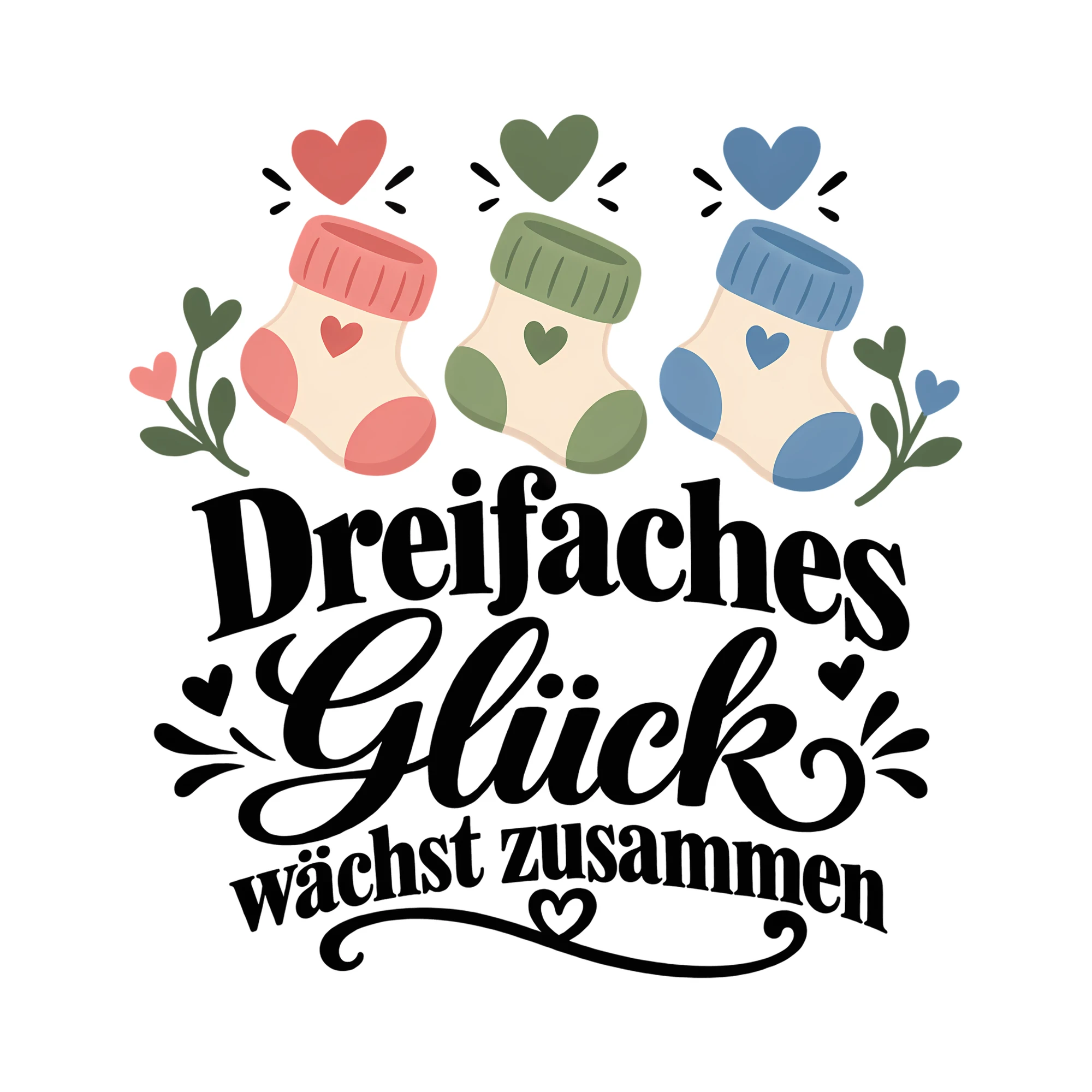 Bügelbild Dreifaches Glück wächst zusammen als Grafik auf weißem Hintergrund (BB014584)