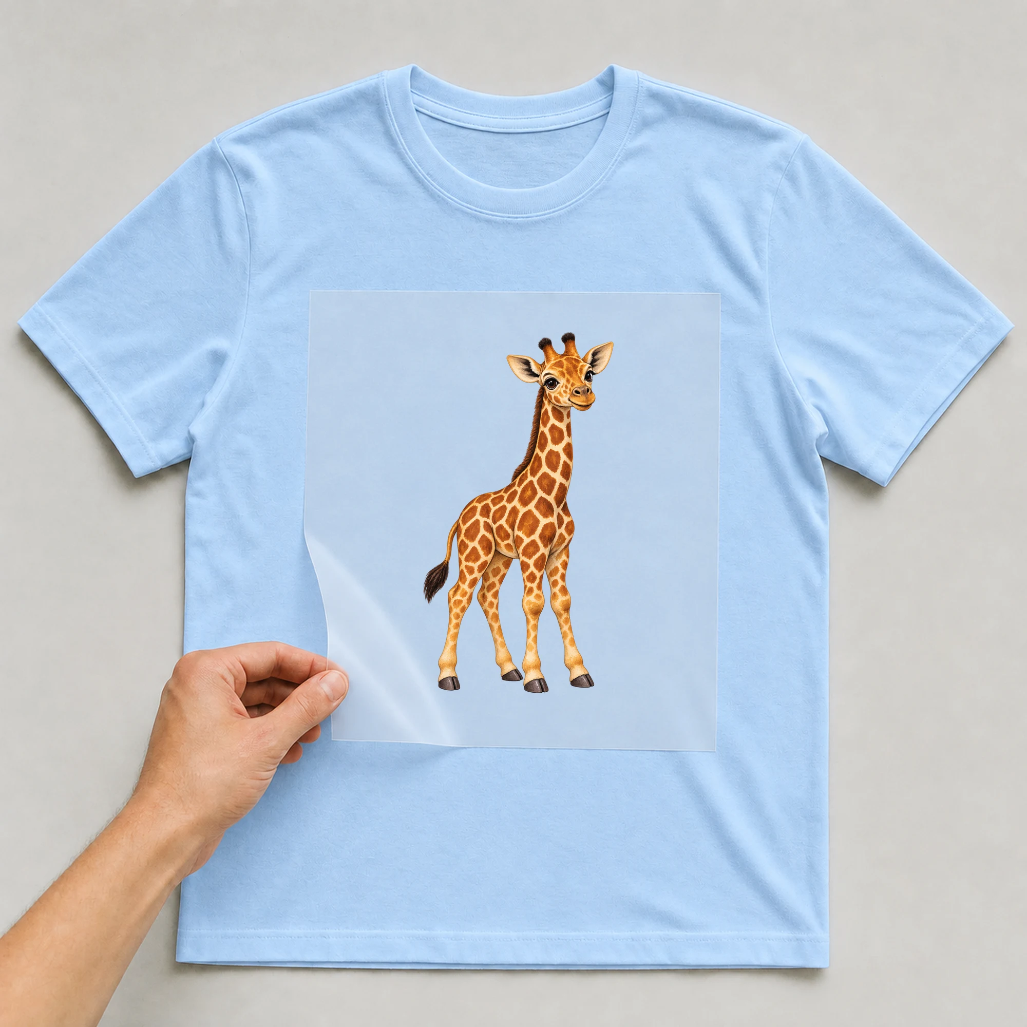Bügelbild „Baby Comic - Giraffe“ auf babyblauem T-Shirt, Folie wird aufgelegt