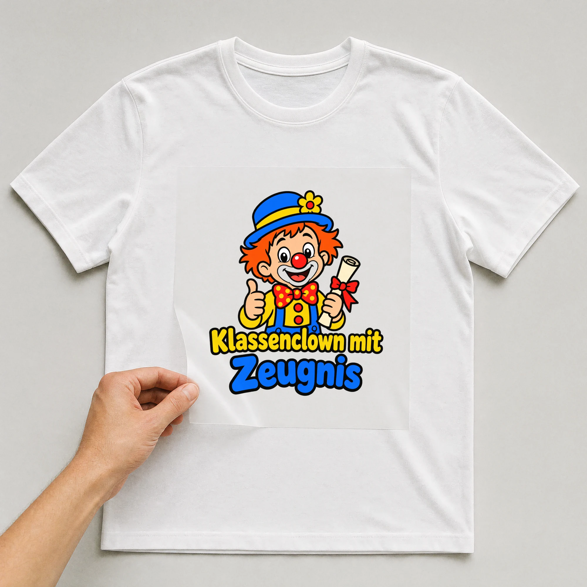 Bügelbild „Klassenclown mit Zeugnis“ auf weißem T-Shirt, Folie wird aufgelegt