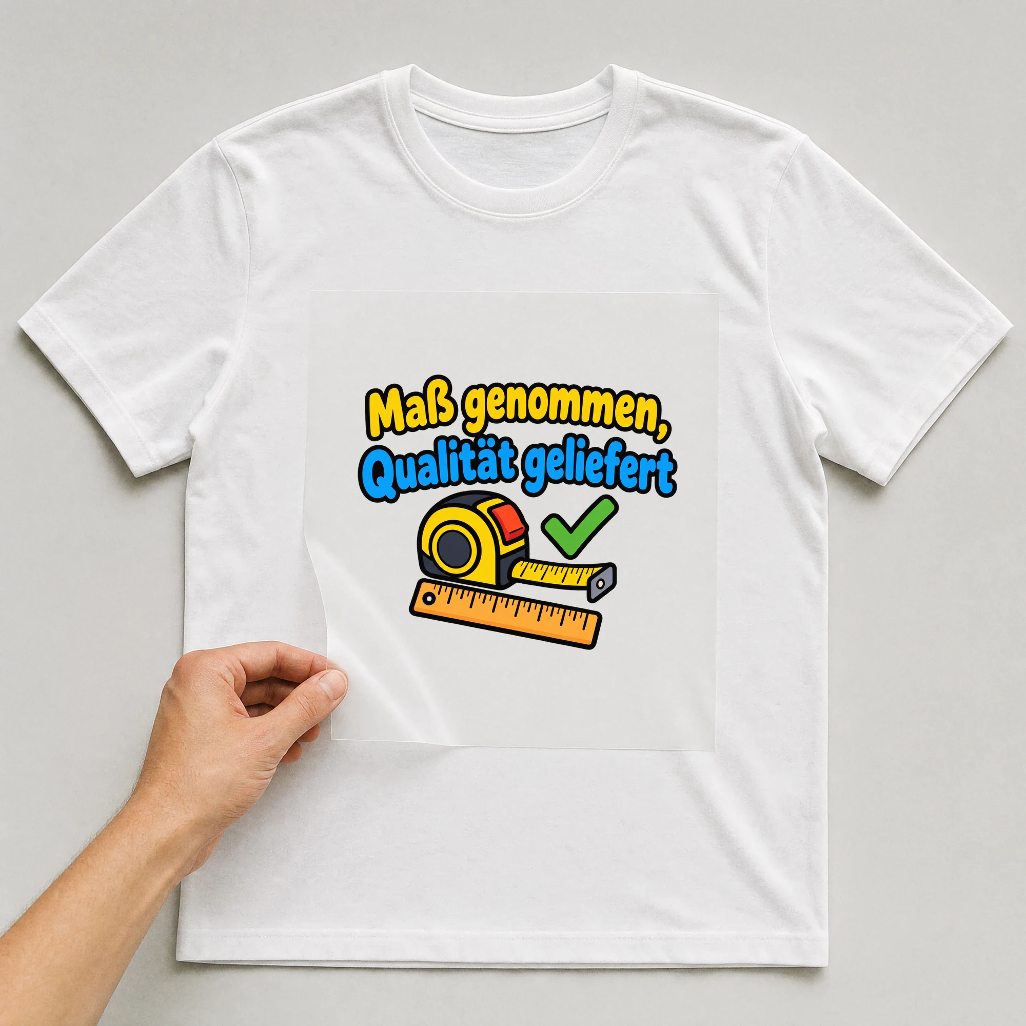 Bügelbild „Maß genommen, Qualität geliefert“ auf weißem T-Shirt, Folie wird aufgelegt