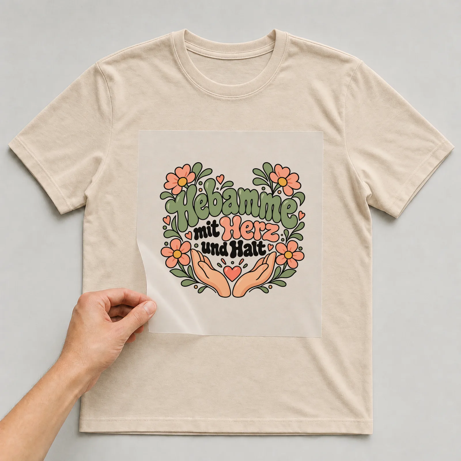 Bügelbild „Hebamme mit Herz und Halt“ auf beigem T-Shirt, Folie wird aufgelegt