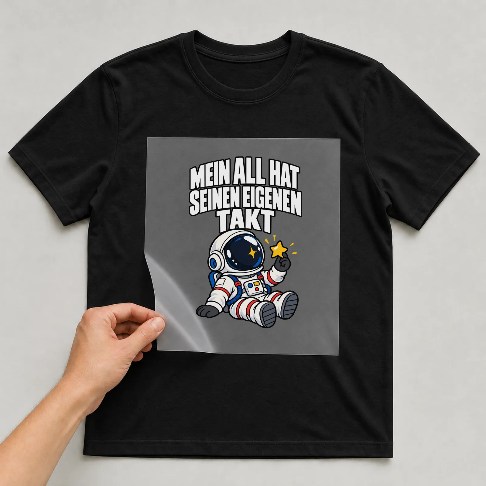Bügelbild „Mein All hat seinen eigenen Takt“ auf schwarzem T-Shirt, Folie wird aufgelegt