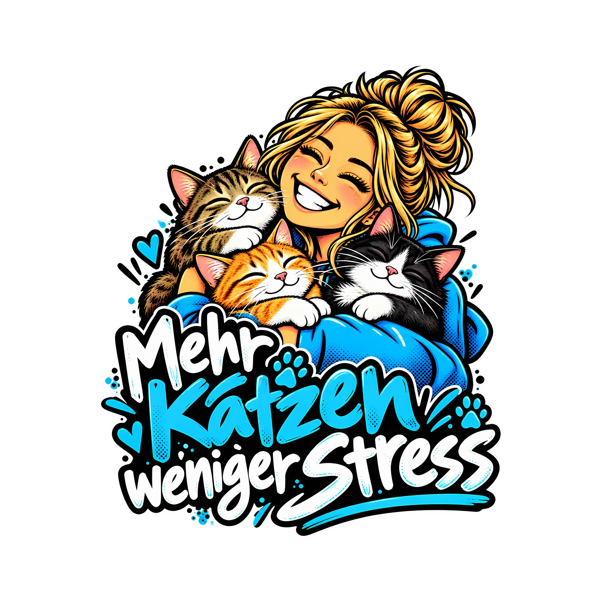 Bügelbild Mehr Katzen, weniger Stress als Grafik auf weißem Hintergrund (BB012831)