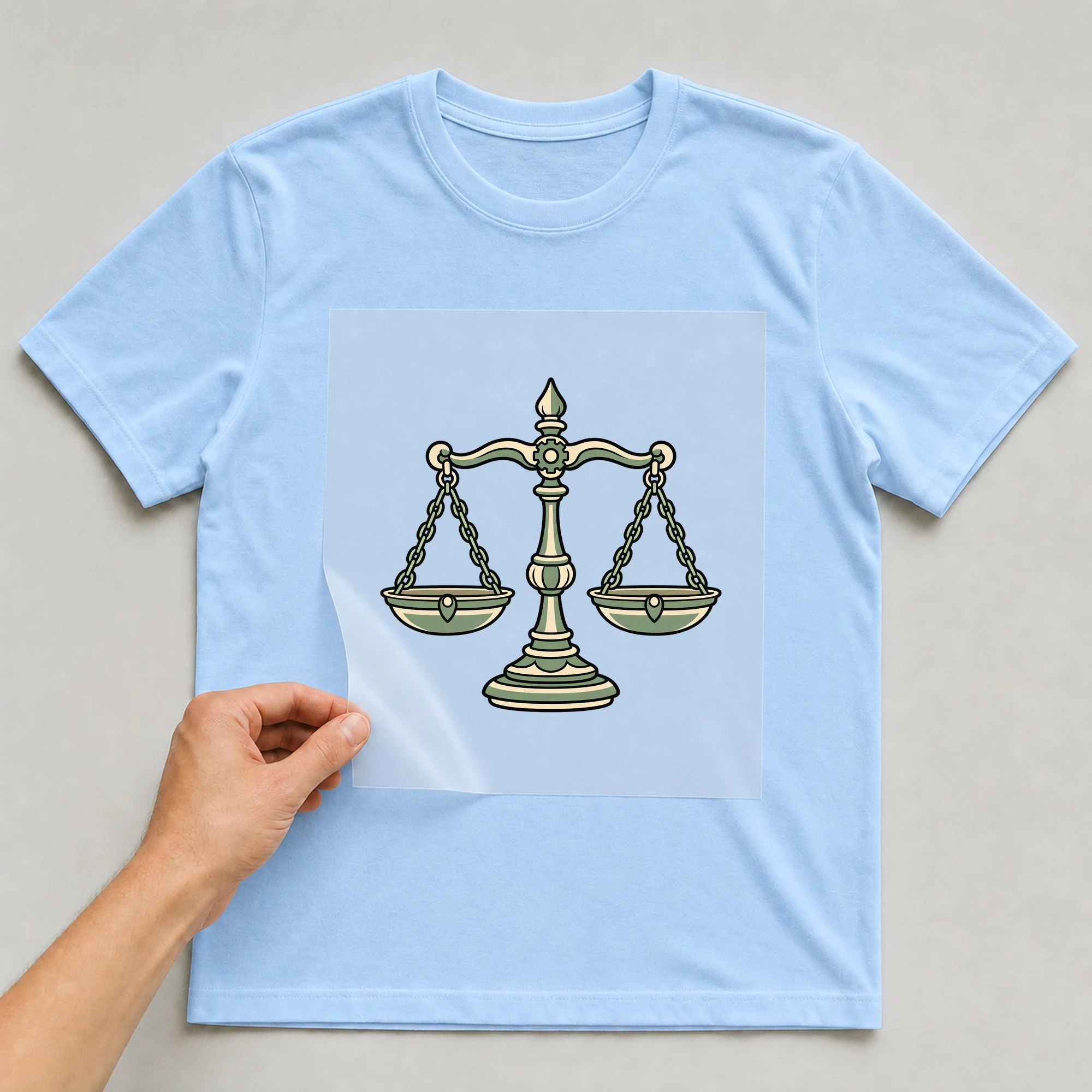 Bügelbild „Mecha Roboter Sternzeichen Waage“ auf babyblauem T-Shirt, Folie wird aufgelegt