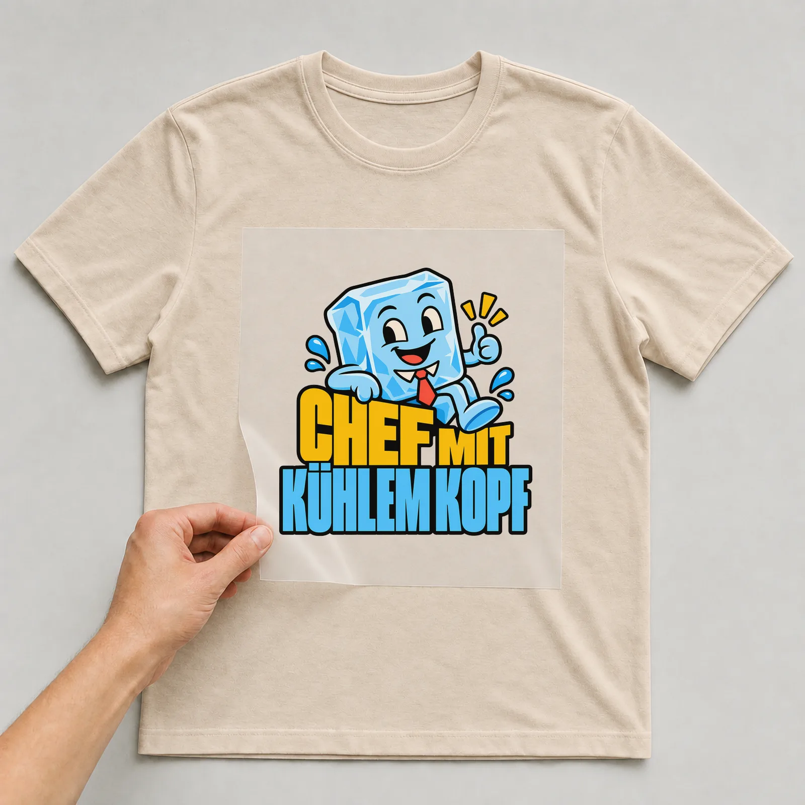 Bügelbild „Chef mit kühlem Kopf“ auf beigem T-Shirt, Folie wird aufgelegt