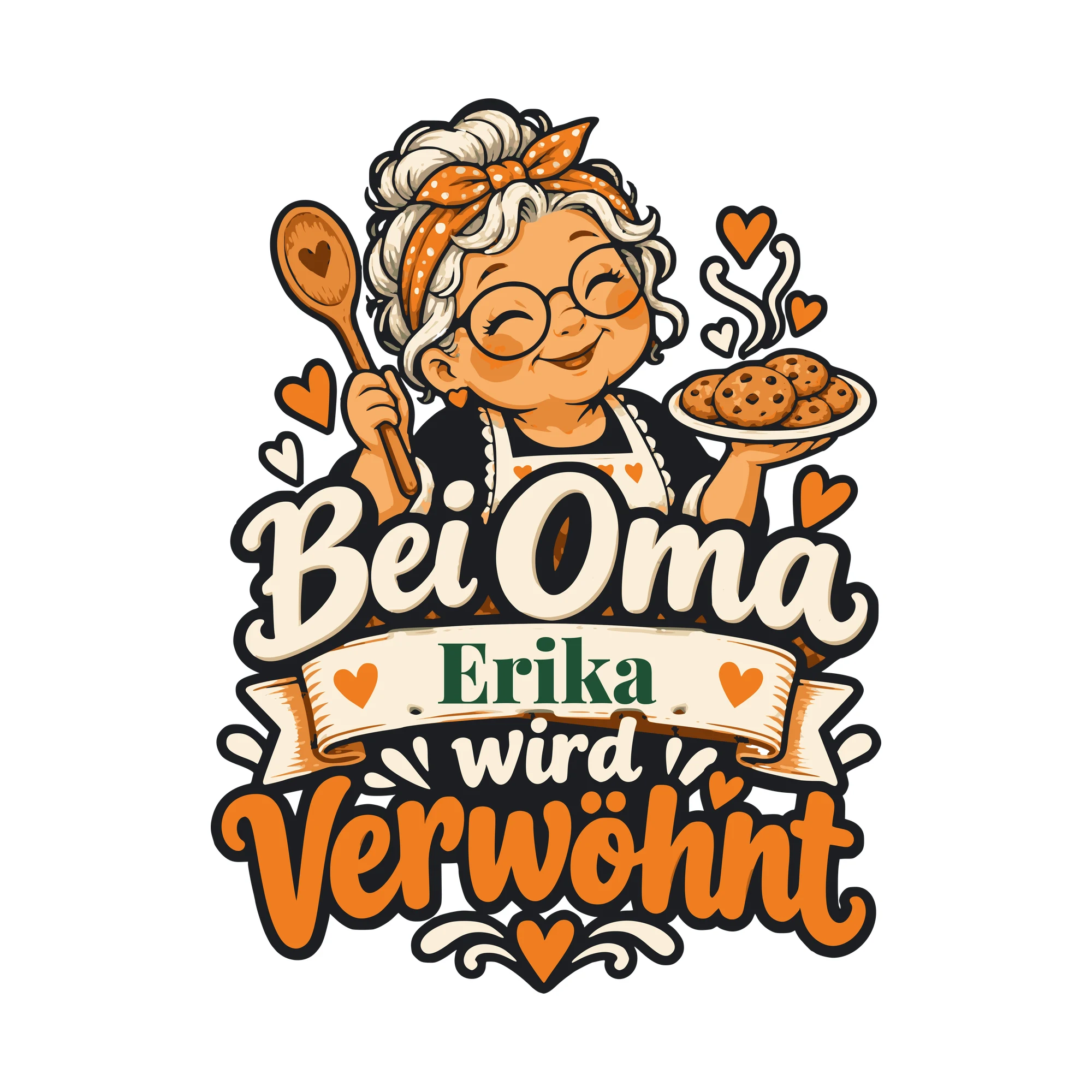 Bügelbild Bei Oma wird verwöhnt mit Name als Grafik auf weißem Hintergrund (BB011116)