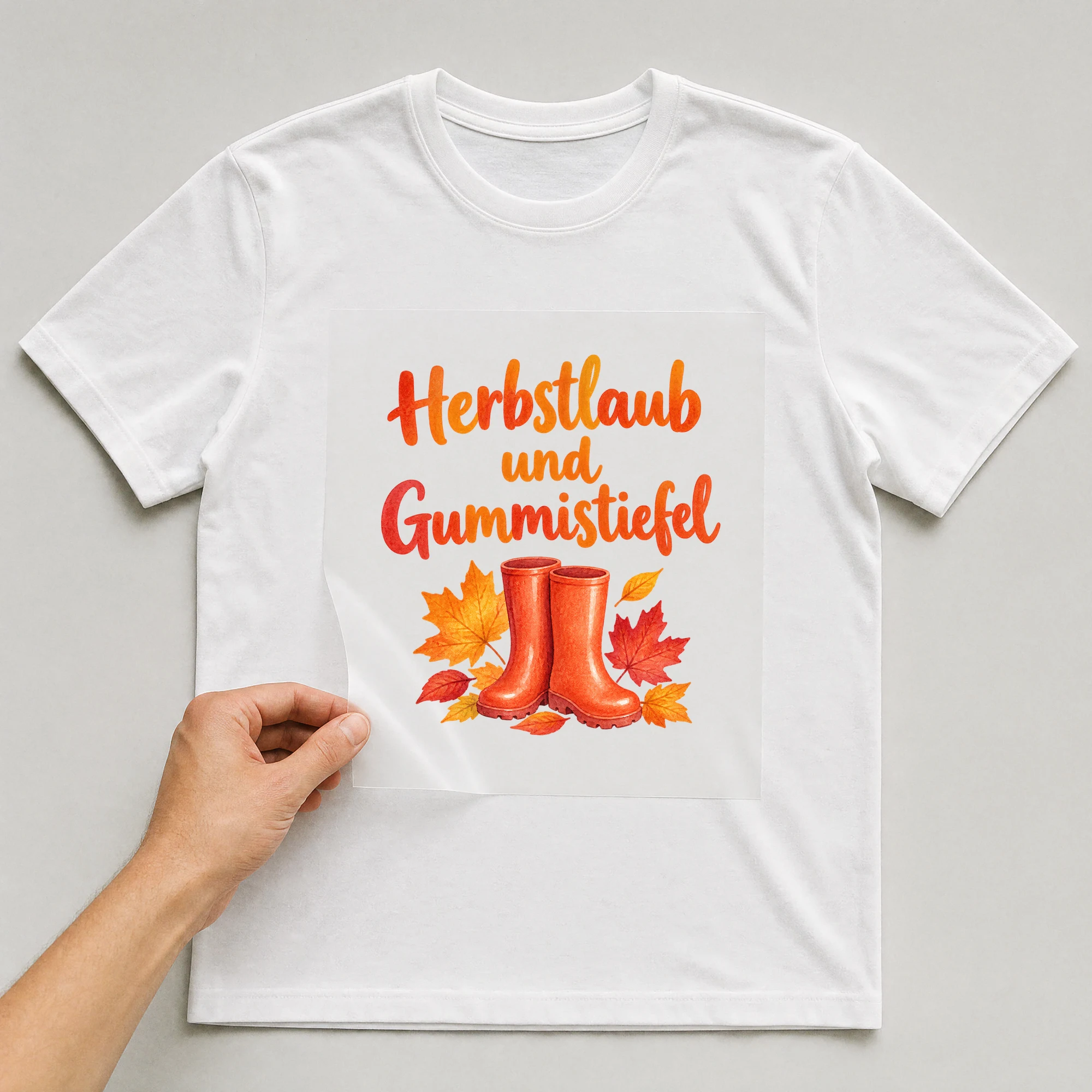 Bügelbild „Herbstlaub und Gummistiefel“ auf weißem T-Shirt, Folie wird aufgelegt