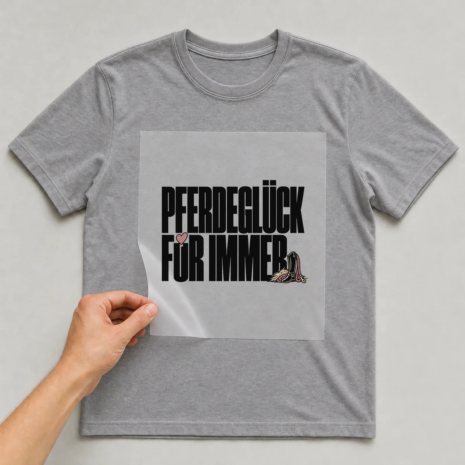 Bügelbild „Pferdeglück für immer“ auf grauem T-Shirt, Folie wird aufgelegt