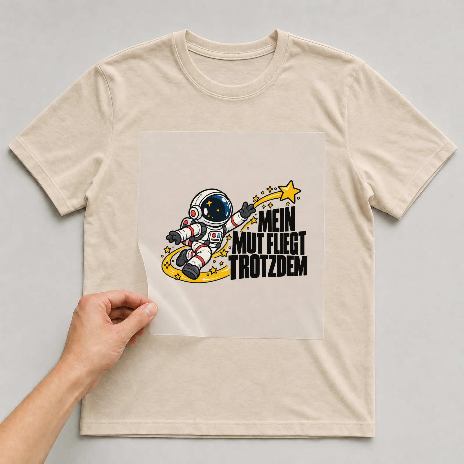 Bügelbild „Mein Mut fliegt trotzdem“ auf beigem T-Shirt, Folie wird aufgelegt