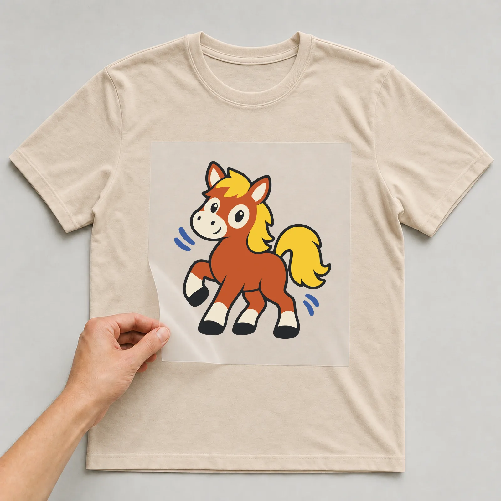 Bügelbild Pferd im Comic-Stil auf beigem T-Shirt, Folie wird aufgelegt
