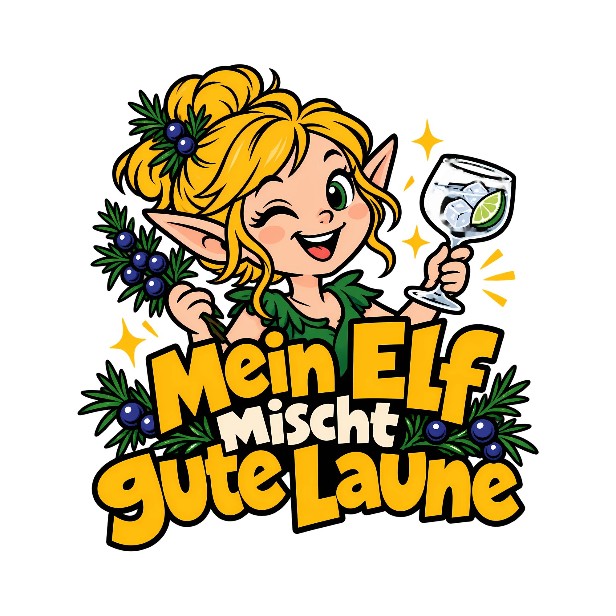 Bügelbild Mein Elf mischt gute Laune als Grafik auf weißem Hintergrund (BB011964)