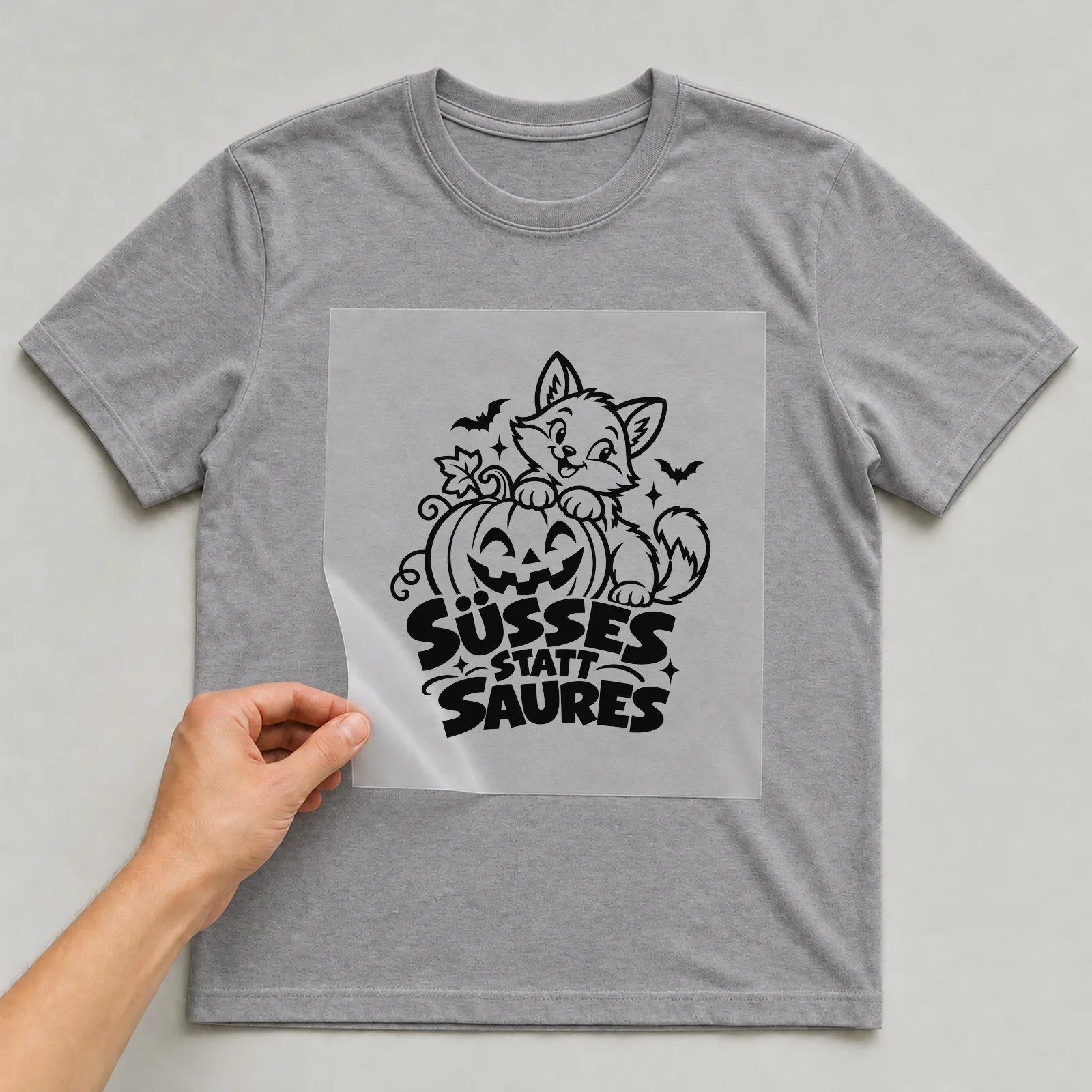 Bügelbild „Süßes statt Saures“ (klaren Konturen) auf grauem T-Shirt, Folie wird aufgelegt