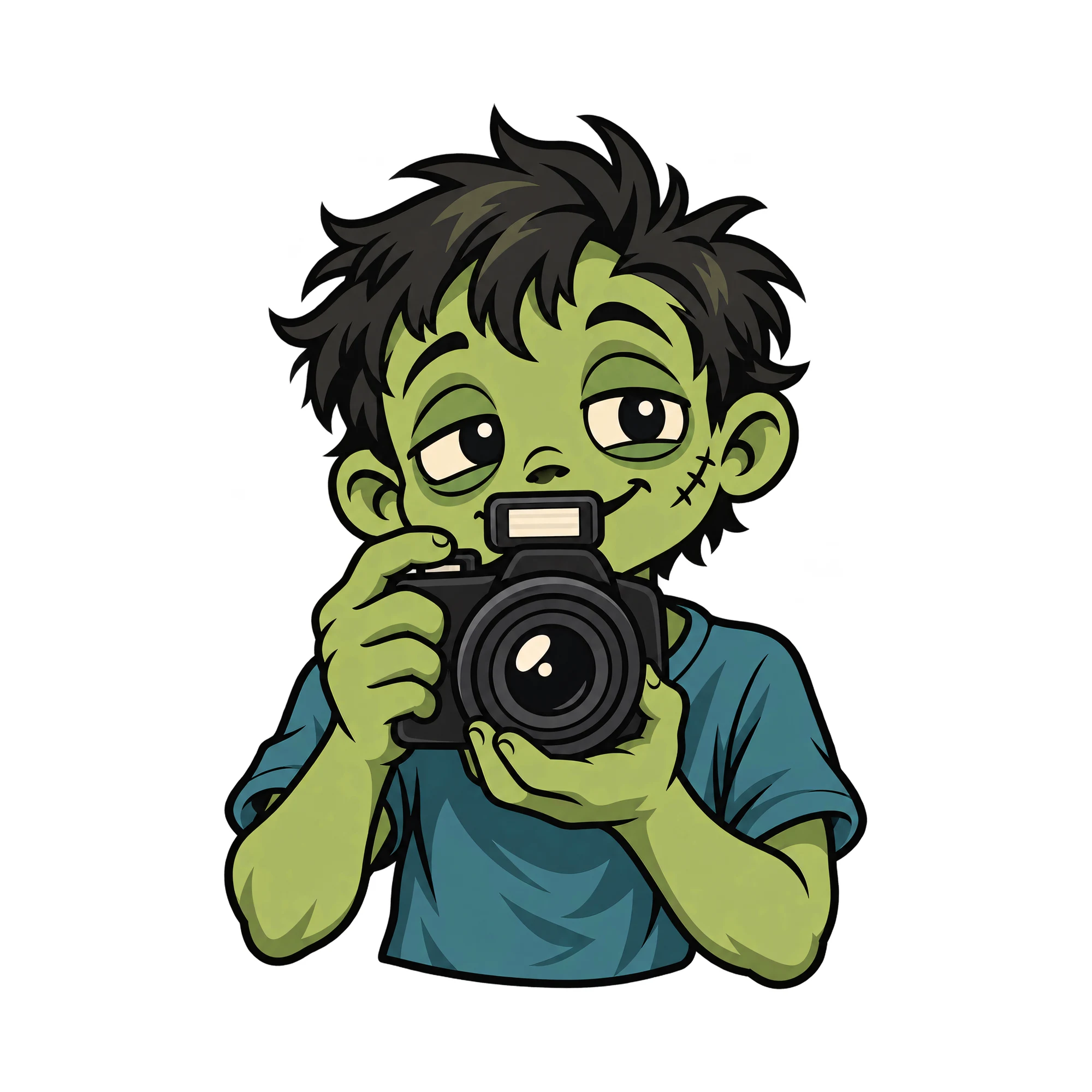 Bügelbild Zombie Photographer, Halloween Shirt Motiv als Grafik auf weißem Hintergrund (BB014865)