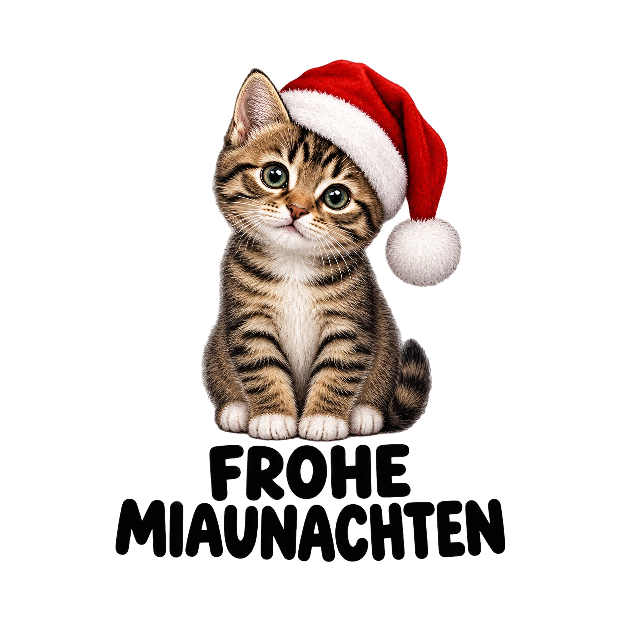 Bügelbild Weihnachtskatze mit Nikolausmütze, Weihnachtspullover Spruch als Grafik auf weißem Hintergrund (BB017004)